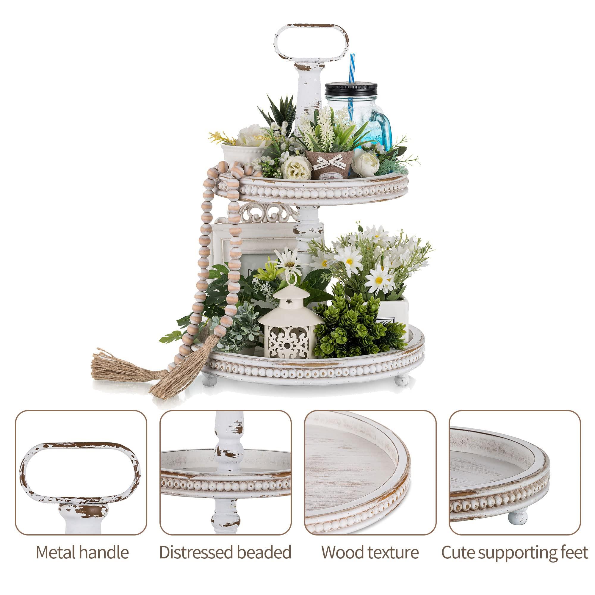 Hanobe Hanobe Two Tiered Tray Stand: Farmhouse 2 Tier Decorative Tray White Round Wooden Serving Tray Rustic Coffee Table Centerpieces Living Room Kitchen Home Decor Fall Halloween for Mom.