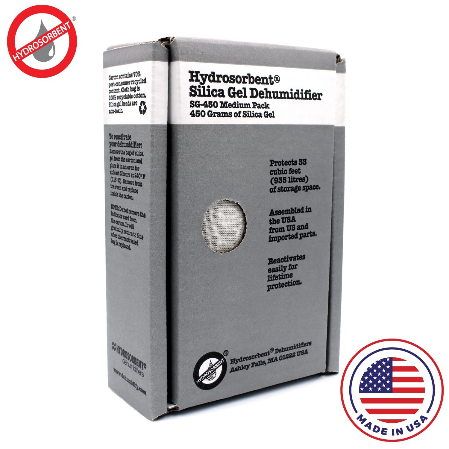 HYDROSORBENT HYDROSORBENT Gun Safe Dehumidifier Rechargeable Silica Gel 450 Gram Carton. Moisture Absorber. Reusable Desiccant Dehumidifier for Gun Safe Made in USA Silica Gel Desiccant. 1 Unit - SG450