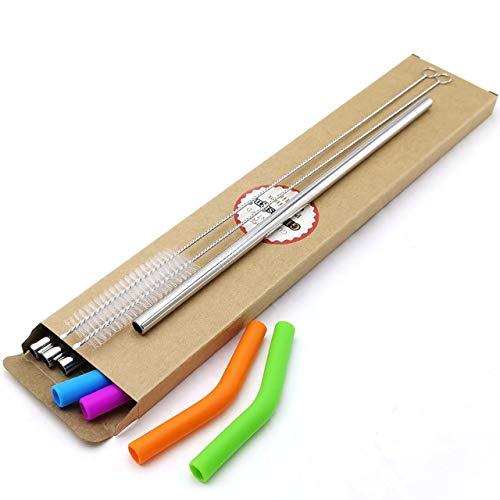 GFDesign Big Drinking Straws Reusable 12" Extra Long 8mm Extra Wide Food-Grade 18/8 Stainless Steel Silicone Elbows Tips for Smoothie Milkshake Cocktail Juice Hot Drinks - Set of 4 + 2 Cleaning Brushes
