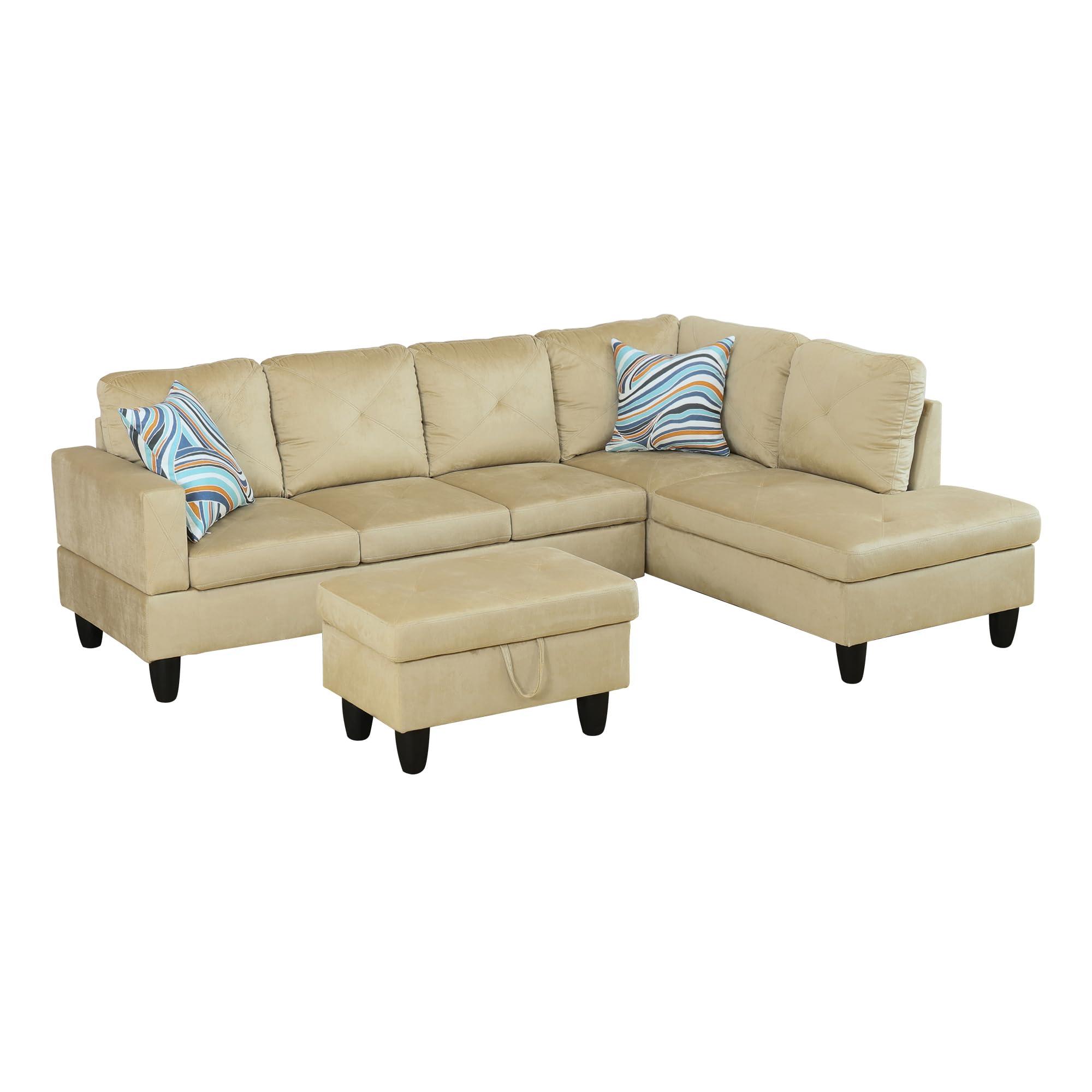 LOPOO LOPOO 3 Piece L-Shaped Sectional Sofa with 66.5'' Right Chaise Lounge, Storage Ottoman & Throw Pillows, 97'' Living Room Set, 5 Seat Upholstered Modular Sectional Couch for Apartment Beige Microfiber