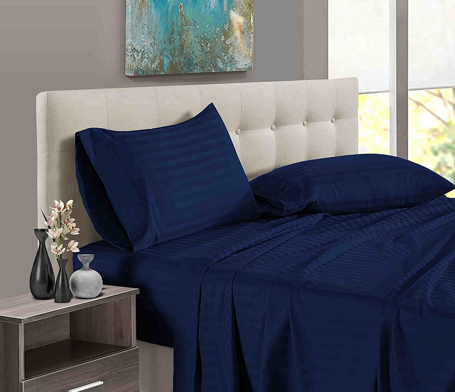 DIFFERENT SHEETING DIFFERENT SHEETING Cotton Sheets Set 4 Piece, 100% Egyptian Cotton 600 Thread Count, Fitted Sheets fitt Upto 18 Inch Deep Pocket, Crisp Cool and Strong Bed Linen Set- Navy Blue Stripe Full XL Size