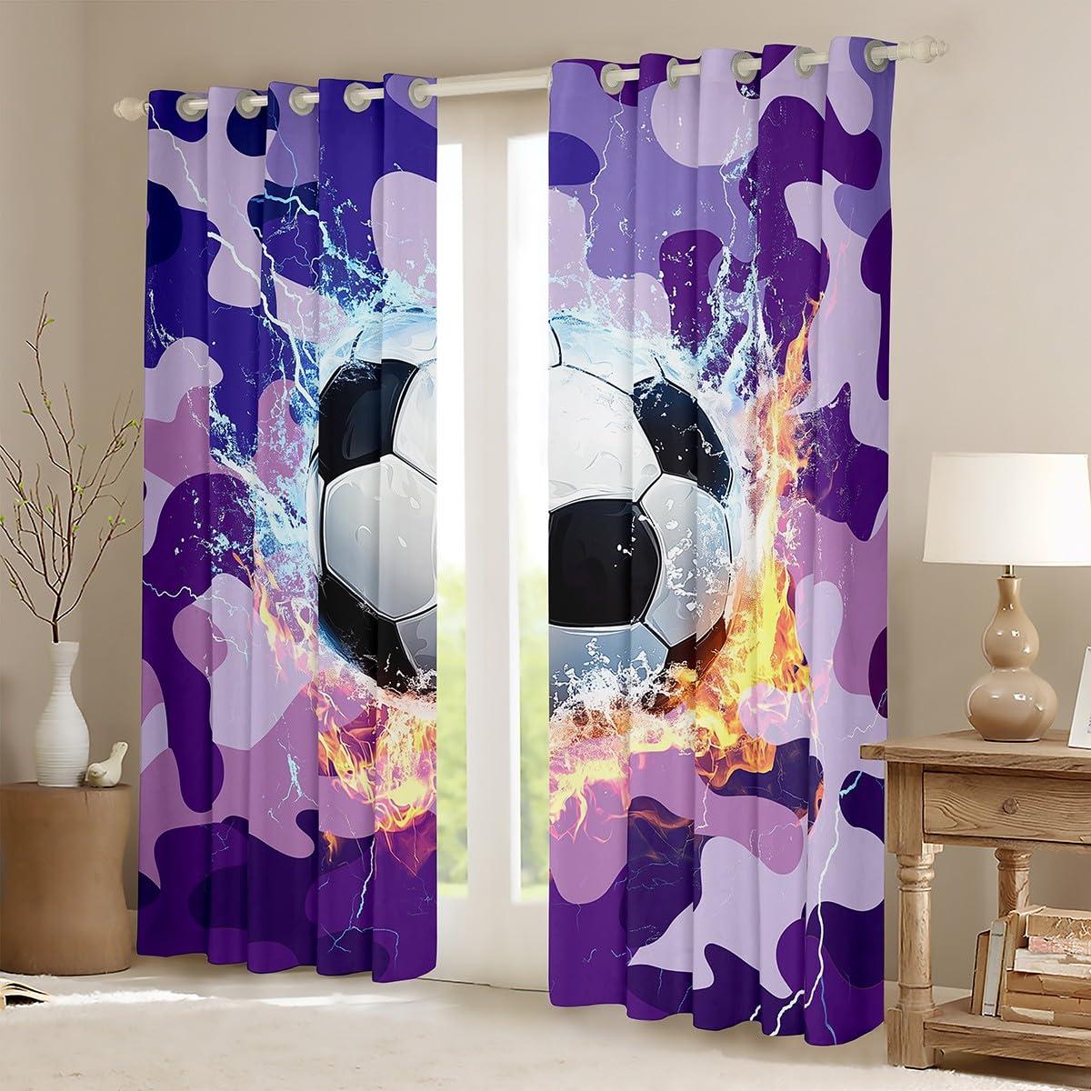 Erosebridal Football Curtains For Boys, Soccer Window Curtains, Sports Games Bedding Set For Kids Teens Adult Men, Camouflage Ice And Fire Thermal Insulated Window Drapes For Living Room Decor, Purple 42"Wx84"L
