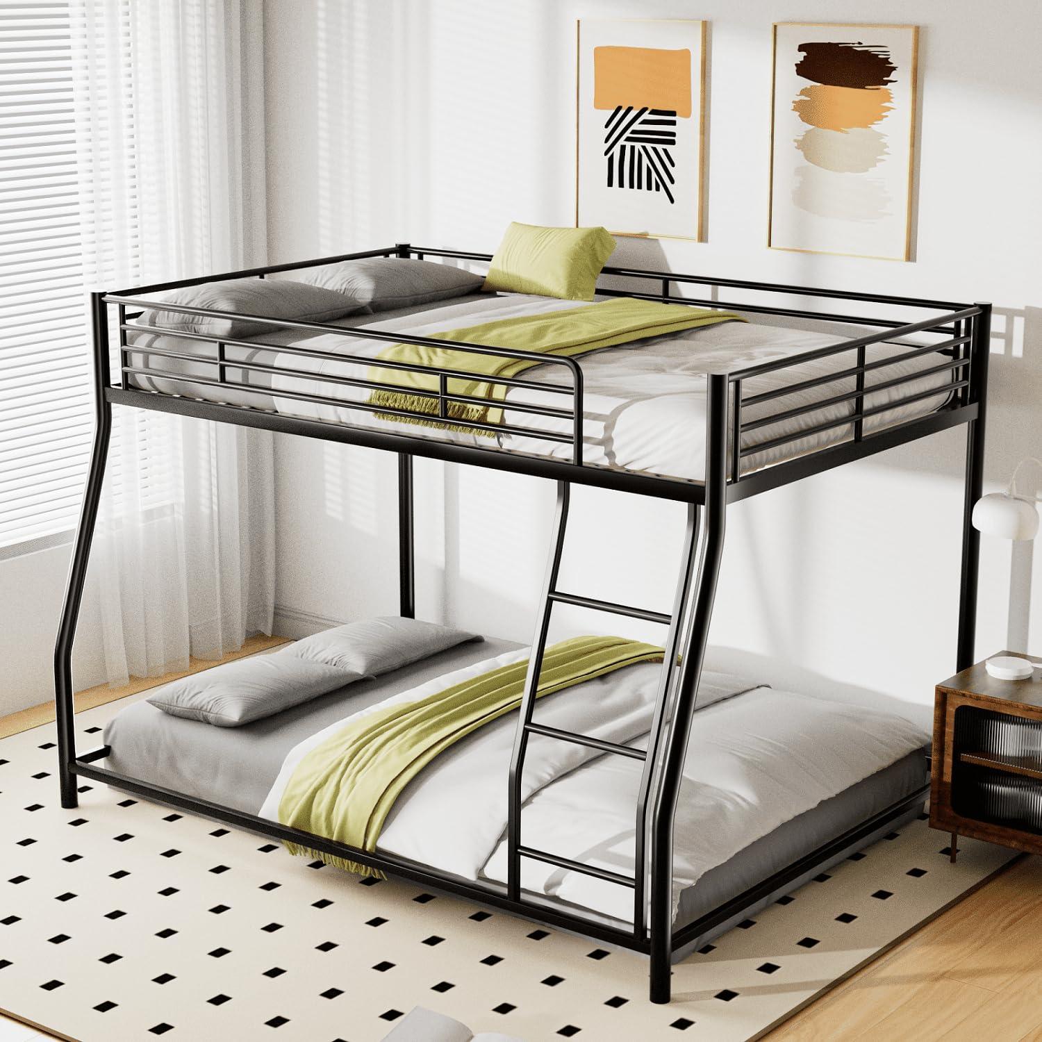 TURRIDU TURRIDU Full XL Over Queen Bunk Bed, Heavy Duty Metal Bunk Bed Frame with Full-Length Guardrails & Ladders, Bedroom Bunk Bed for Teens, Adults, Noise Free, Black
