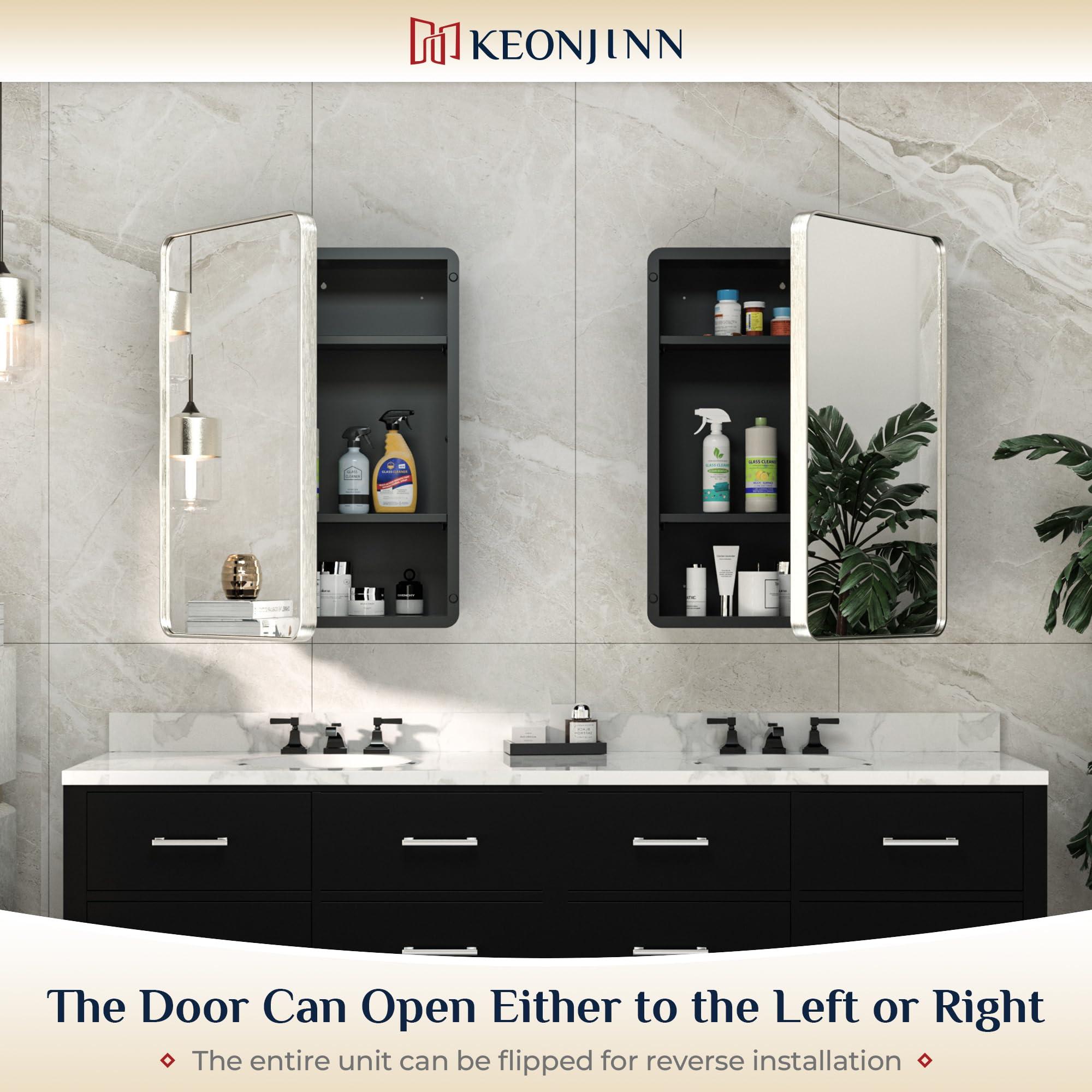 Keonjinn Keonjinn 16 x 24 Inch Brushed Nickel Medicine Cabinets for Bathroom with Mirror Stainless Steel Framed Rounded Rectangle Adjustable Shelves Modern Recessed Silver Medicine Cabinet for Bathroom Storage