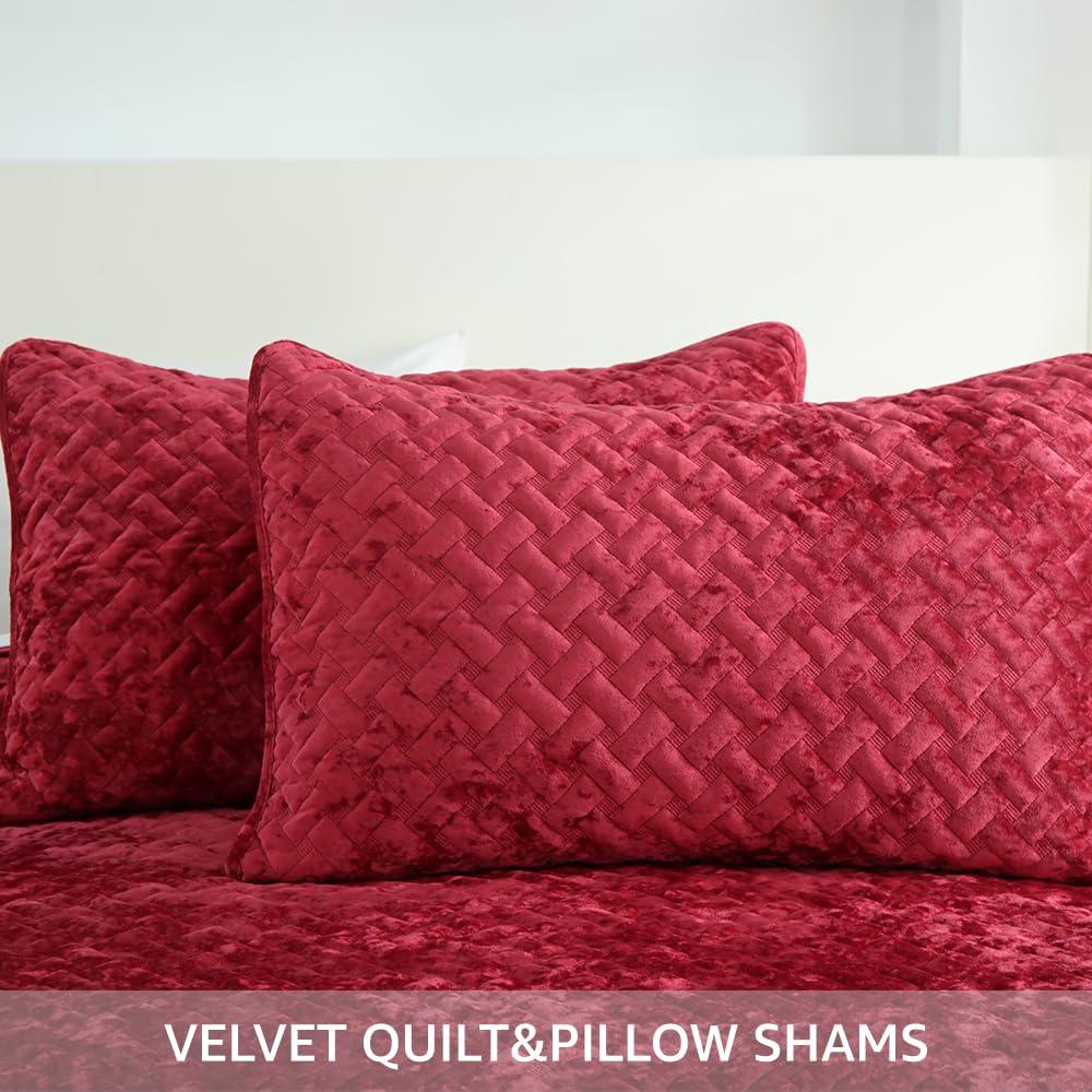 Liians Liians Velvet Bedspread Quilt Bedding Sets,Luxury Elegant Ultra Soft Velvet Comforters Coverlet Blankets,Weave Stitching Pattern Quilted Bedspread for All Seasons,Red,King Size