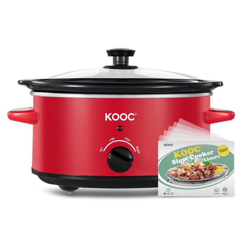 KOOC KOOC 4-Quart Slow Cooker, Free Liners Included for Easy Clean-up, 3 Temperature Settings, RED + KOOC Rubber Feet for Slow Cookers 5QT 7QT and 8.5 QT Pot Insert Accessories (8 Packs)