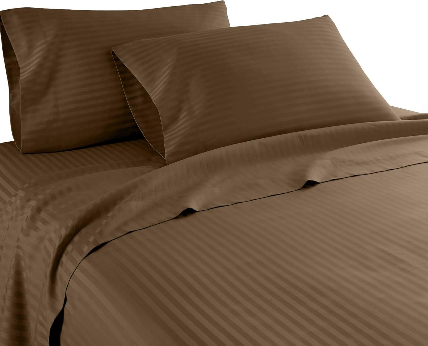 Elf Linen Elf Linen Luxurious 1500 Thread Count Italian Finish 100% Egyptian Cotton 4-Piece Bed Sheet Set, King, Chocolate Stripe Pattern (Fits Mattress Up to 21-23\" Deep Pocket)