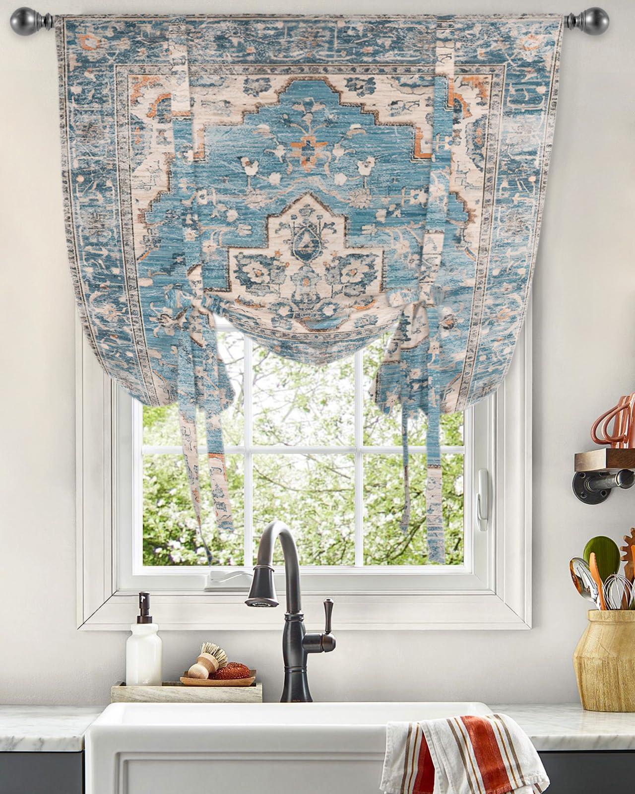 RisQiten RisQiten Blue Boho Balloon Curtains for Bedroom/Front Door/Bathroom, Middle Century Abstract Art Western Geometric Tie Up Curtains 63 Inch Length Kitchen Curtains Shades for Windows 46\"x63\"