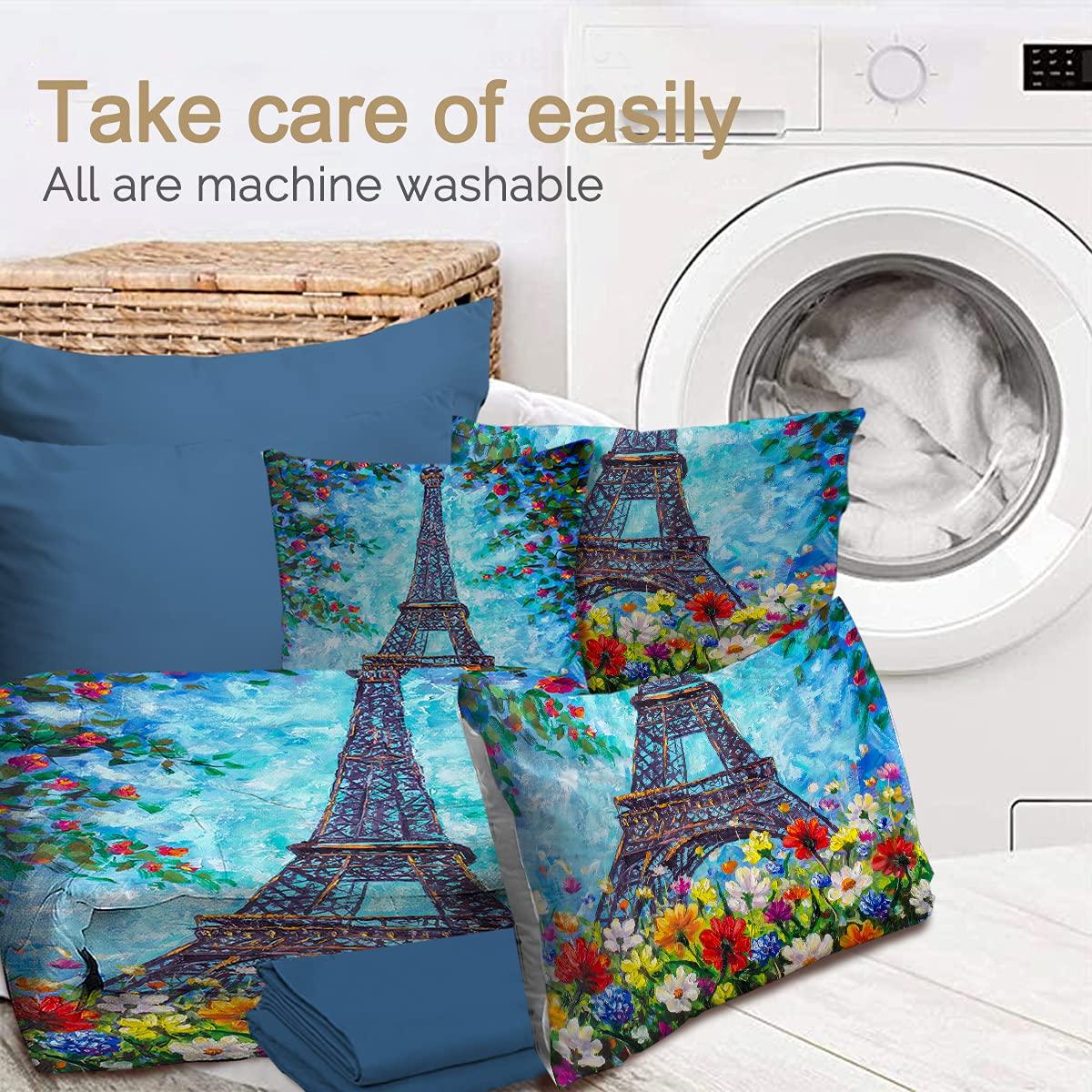 BlessLiving BlessLiving Eiffel Tower Comforter Set Bed in A Bag - Retro Blue, Paris Spring Flowers Oil Painting 8 Pieces Bedding Sets Ultra Soft Microfiber Bedroom Comforters with Sheets and Shams (Queen)