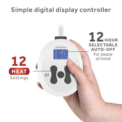 Sunbeam Sunbeam Premium Quilted Electric Heated Mattress Pad, 60\" x 80\", 12 Heat Settings, 12-Hour Auto Shut-Off, Machine Washable, Extra-Soft, White