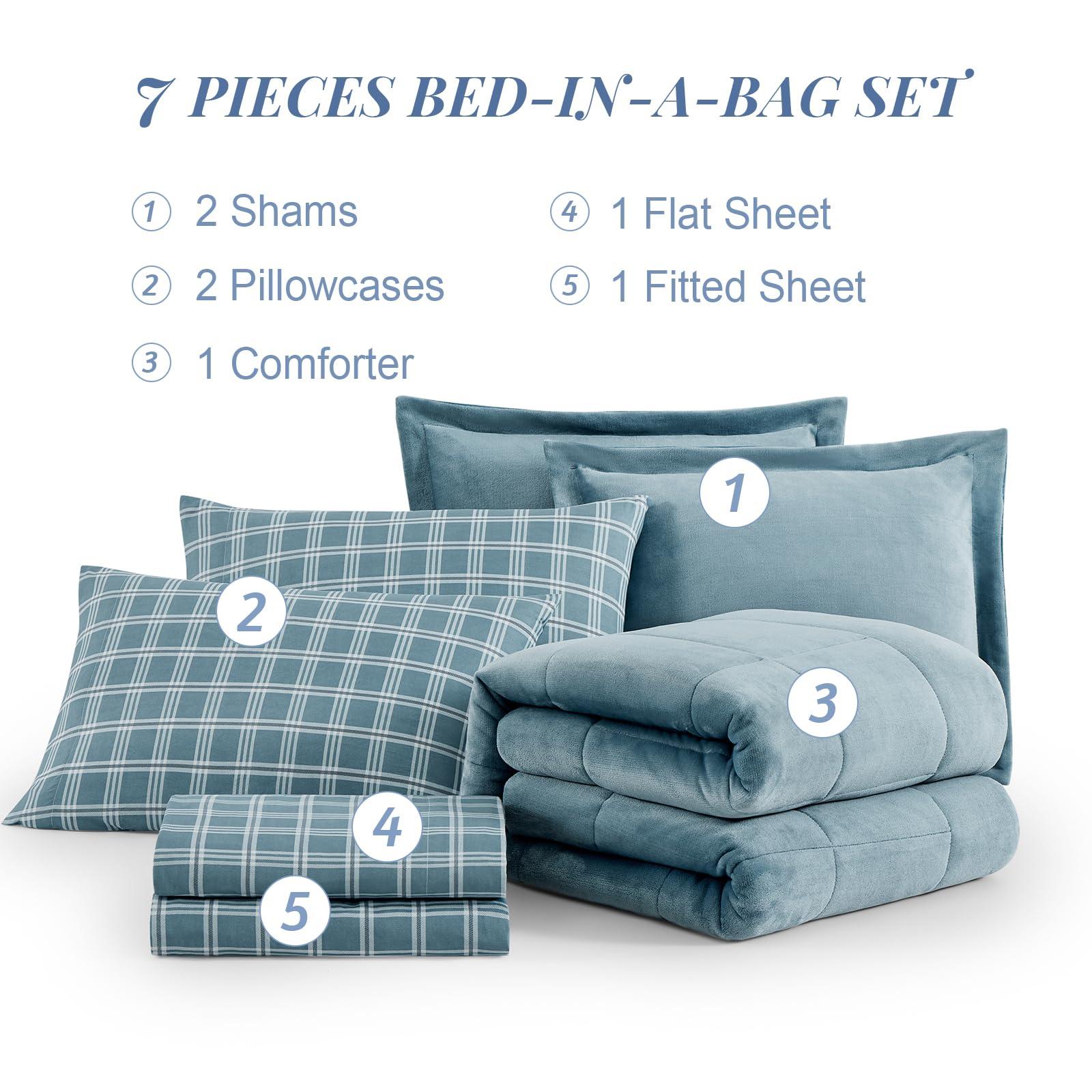 AMBERSPACE AMBERSPACE Plush King Size Comforter Set 7 Pieces, Light Blue Plush Flannel Velvet King Size Comforter Set with Sheets, Soft Warm Plush Comforters, King Bedding Set 7 Piece 102\"*90\" Light Blue