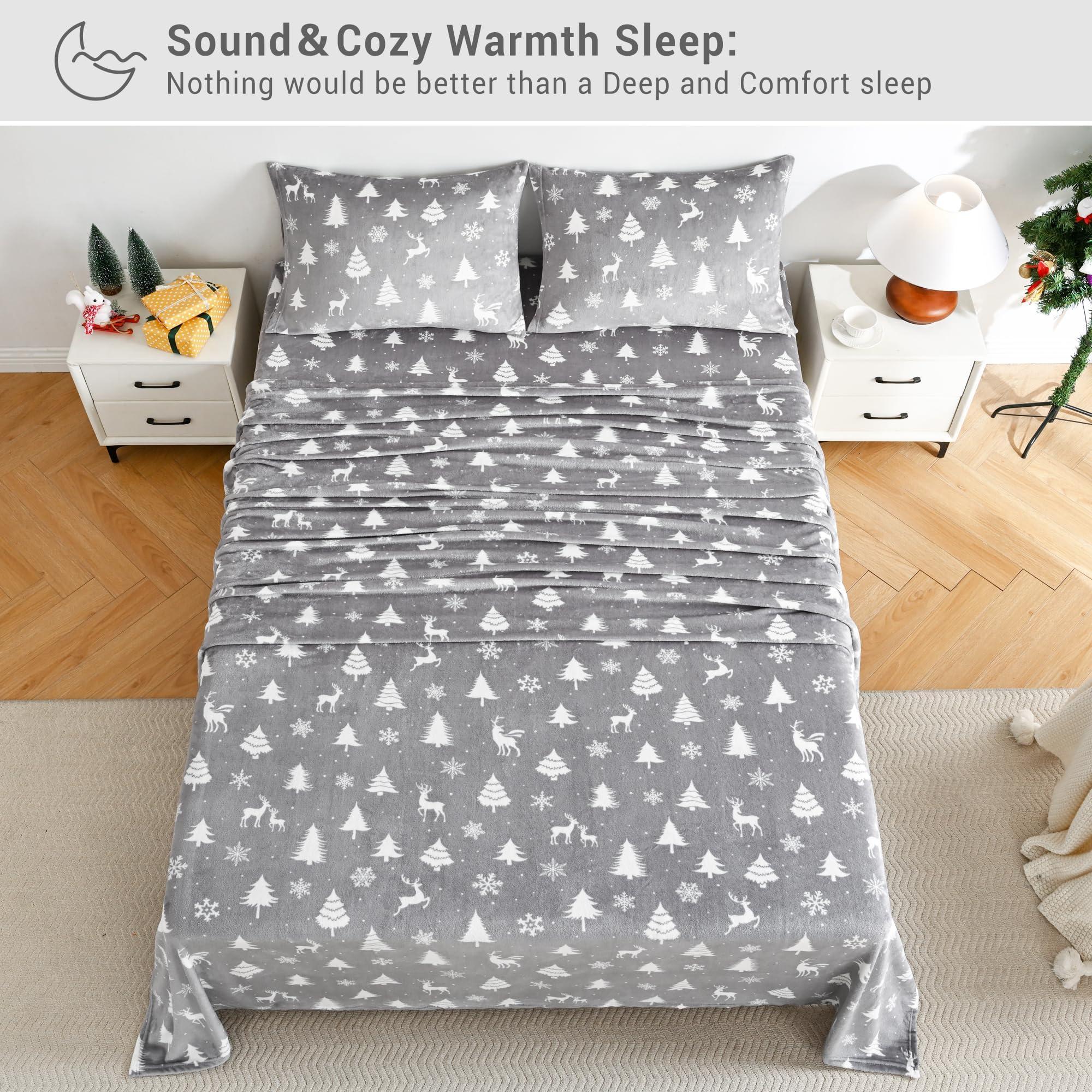 Softan Softan Full Micro Fleece Sheets Set, Christmas Full Size Bed Sheet Set, Plush Velvet Fleece Sheet Set with 15" Deep Pocket Fitted Sheet, Flat Sheet, 2 Pillowcase, Soft and Warm, Deer Print Grey
