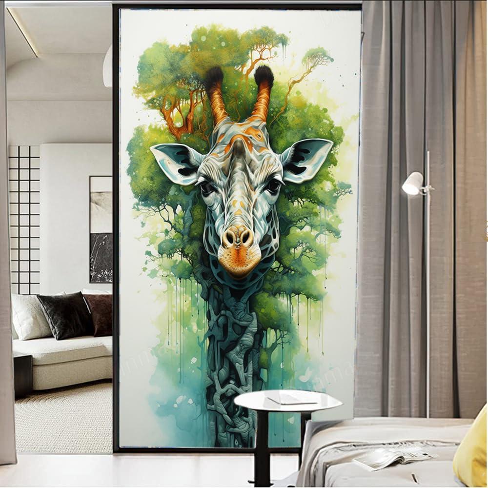 SOPIYRIO SOPIYRIO Abstract Giraffe Stained Glass Window Film Colourful Tree Interesting Animal Privacy Window Film Non-Adhesive Glass Film Decorative Static Cling Film for Home Office 31.5Wx55.1L inch
