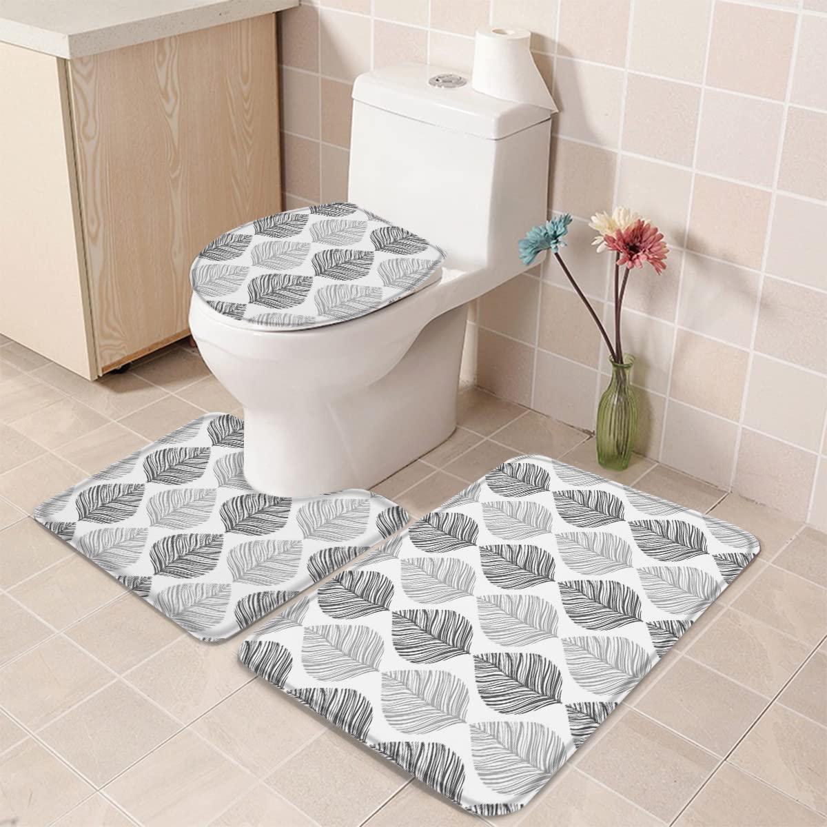 Big buy store Ombre Grey Leaves Bathroom Rug Set of 3 Include Non-Slip Contour Mat, U-Shape Toilet Lid Cover and Absorbent Bath Mat, Plant Textured Home Bath Decor - Small