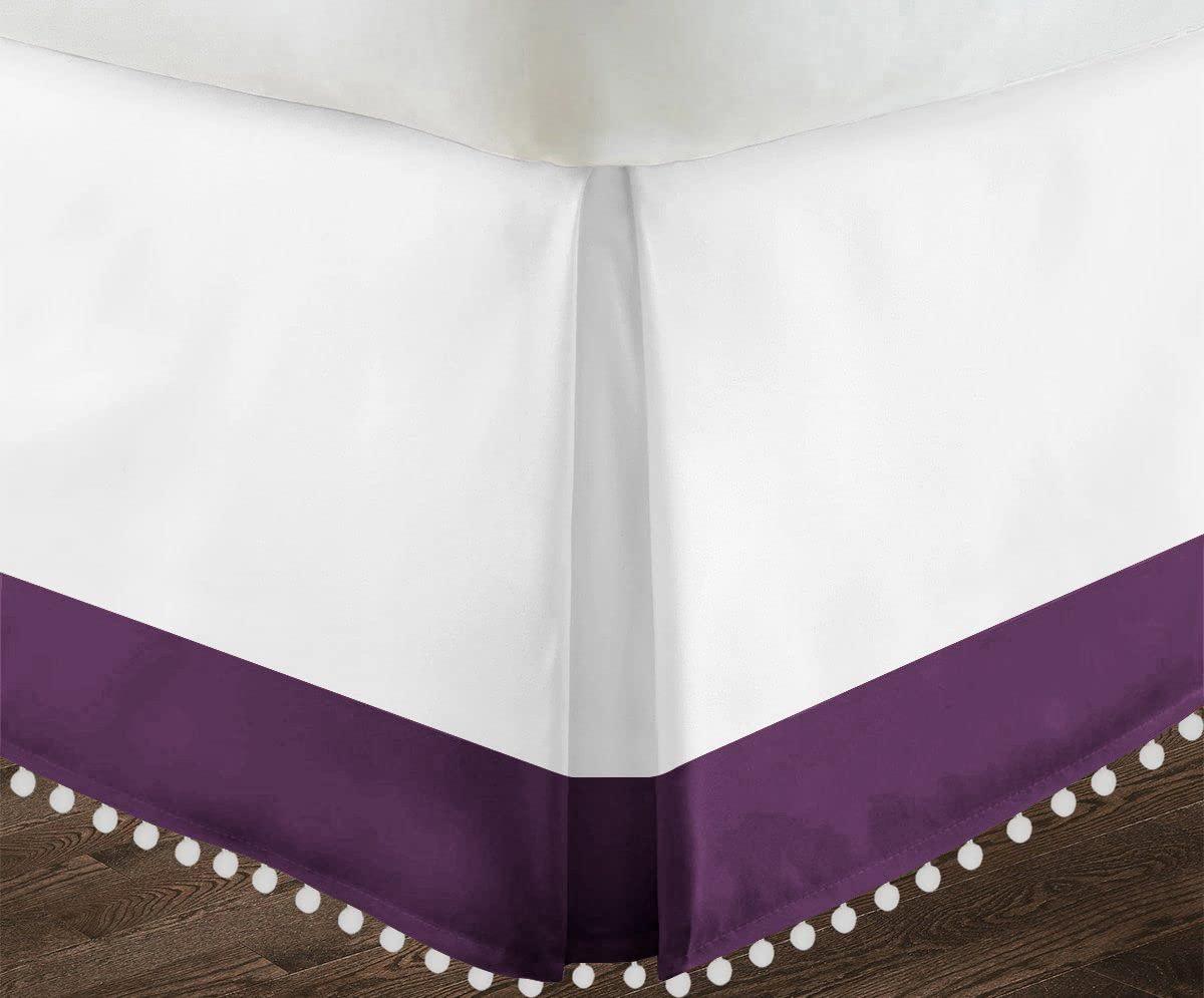 Kings Loft Kings Loft Pom Pom Two Tone BedSkirt 100% Egyptian Cotton 1000 Thread Count, Top-Knot Tassle White Pompom Fringe Solid Pattern, 10 Inch Drop Full Size, White/Plum Solid