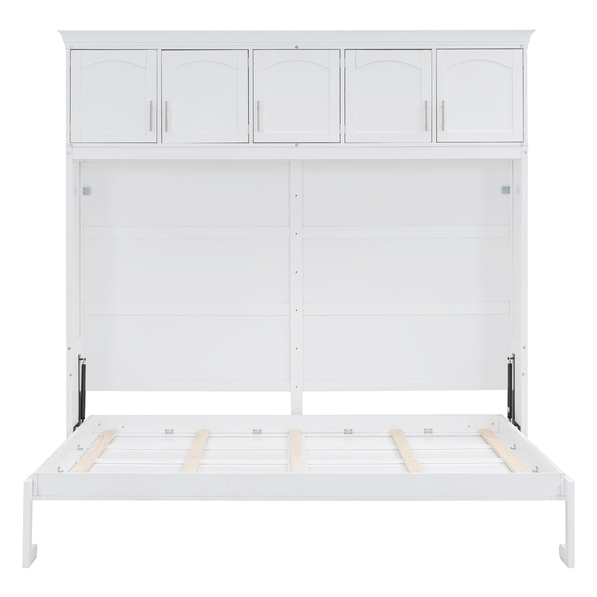 Merax Merax Modern Farmhouse Solid Wood Murphy Bed Chest with Top Cabinets, Tall Wall Platform Bed Space Saving/Wood Slat Support Full,White