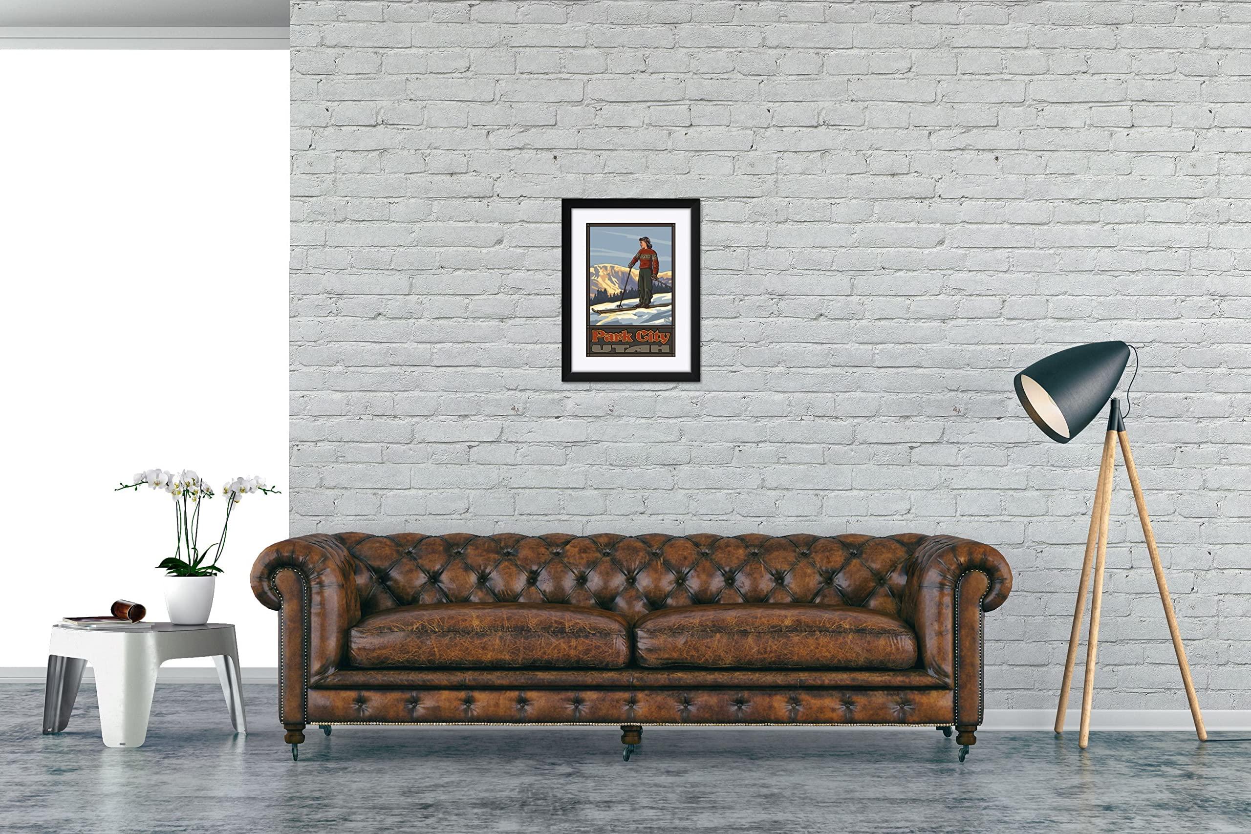 Art of Place Park City Utah Girl Skier Standing Sunset Professionally Framed & Matted Art Print from Travel Artwork by Artist Paul A. Lanquist Framed Art Size: 18\" x 24\"