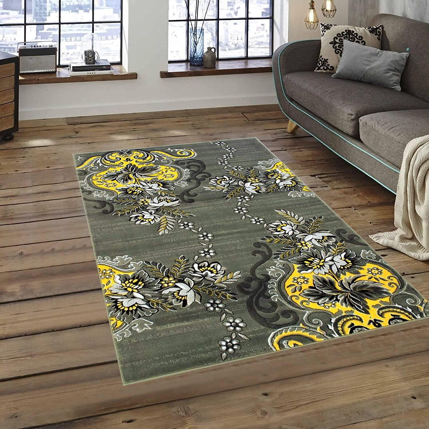Champion Rugs Champion Rugs Modern Floral Traditional Yellow Grey Black Area Rug Carpet (5 3 X 7 5)