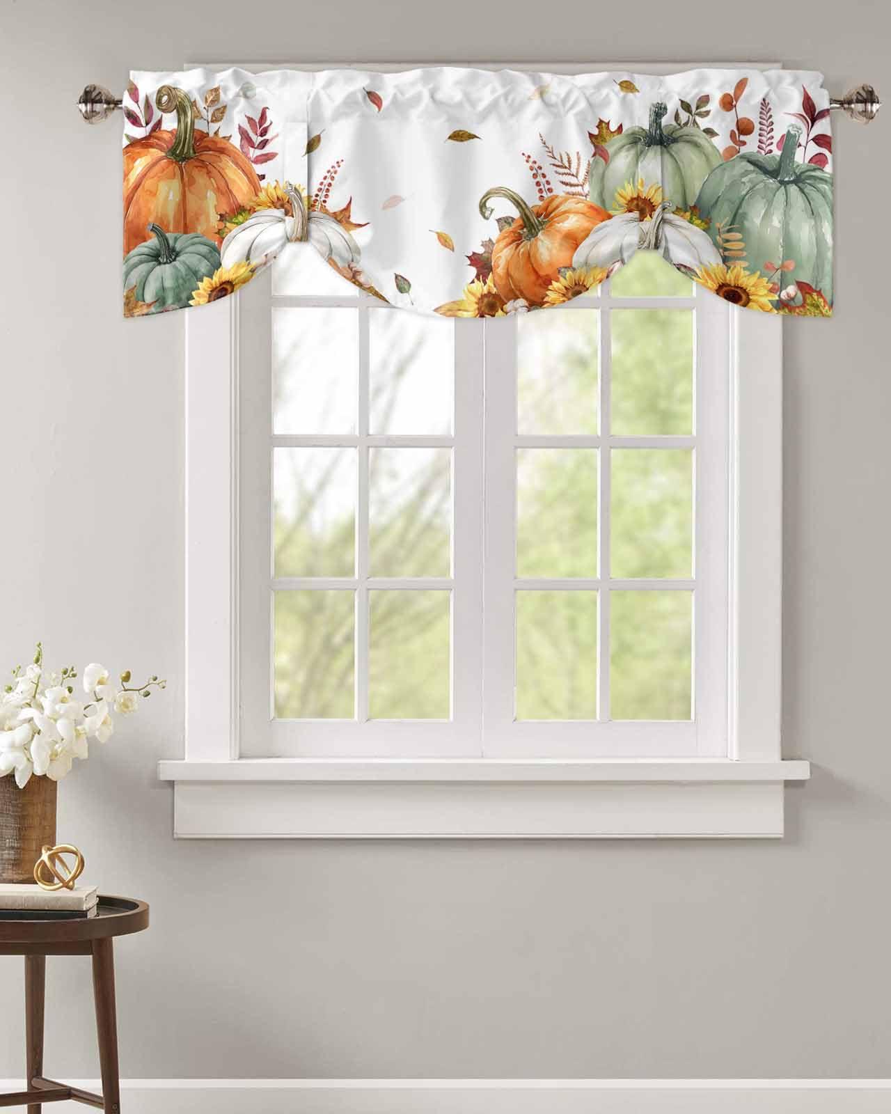 BOBOWUNY Sage Green Fall Tie Up Valances for Windows/Kitchen/Bathroom/Bedroom, Orange White Pumpkins Sunflower Thanksgiving Maple Adjustable Curtain Valance Balloon Window Shades Small Drapes Panel 54''x18''