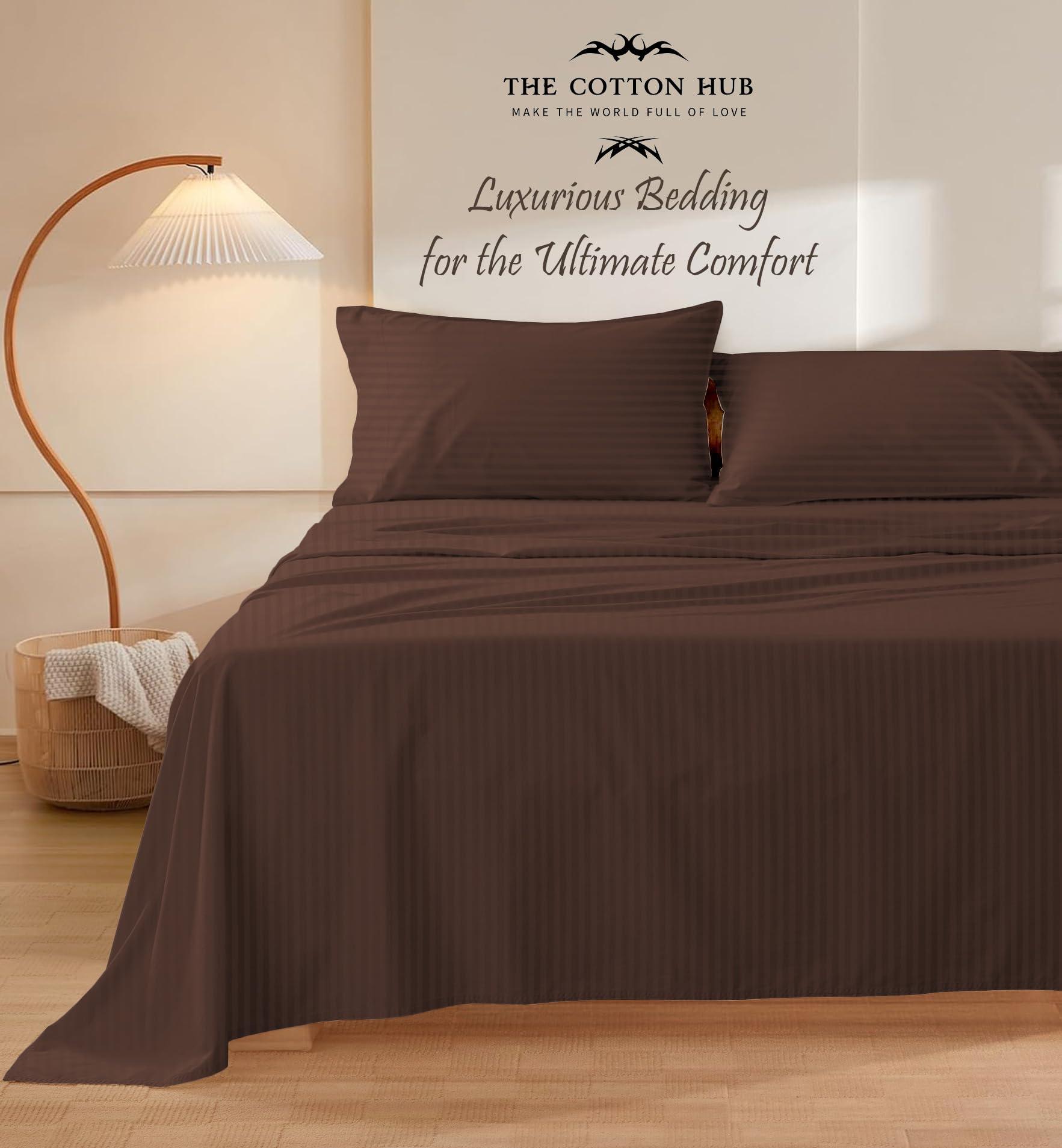 The Cotton Hub Alaska King Size 4-Piece Sheet Set 600 Thread Count Peruvian Pima Cotton Bed Sheets fits up to 7-9 inch Deep Pocket (Stripe, Chocolate)