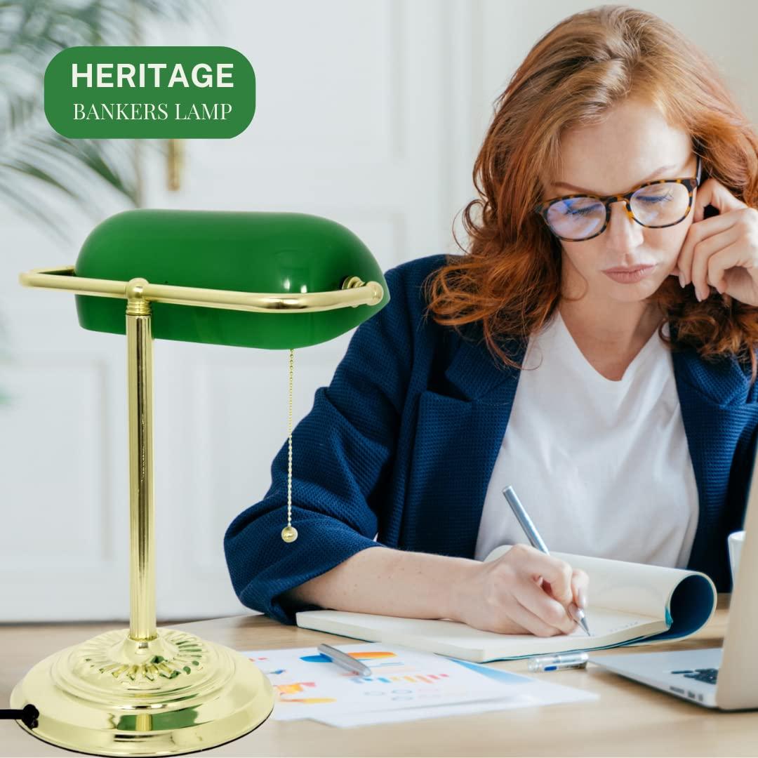 LIGHTACCENTS LIGHTACCENTS Traditional Bankers Desk Lamp with Green Glass Shade and Nickel Finish - Classic Study Light Perfect for Office and Home Workspace - Elegant Small Banker Lamp for Reading
