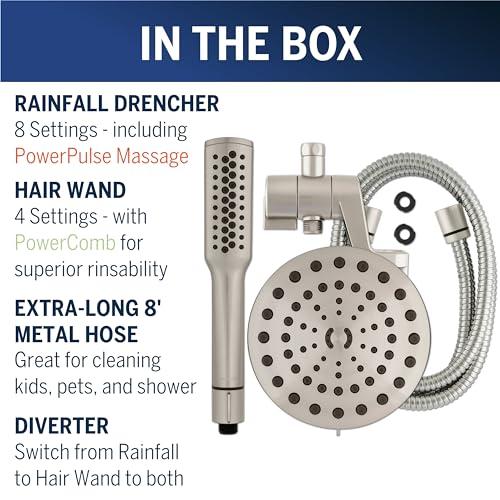 Waterpik Waterpik High Pressure Pulsating Shower Wand and Rain Shower Head Combo with Extra-Long 8-Foot Metal Hose, HairWand Pulse Spa System 12 Spray Modes for Hair and Body, Brushed Nickel