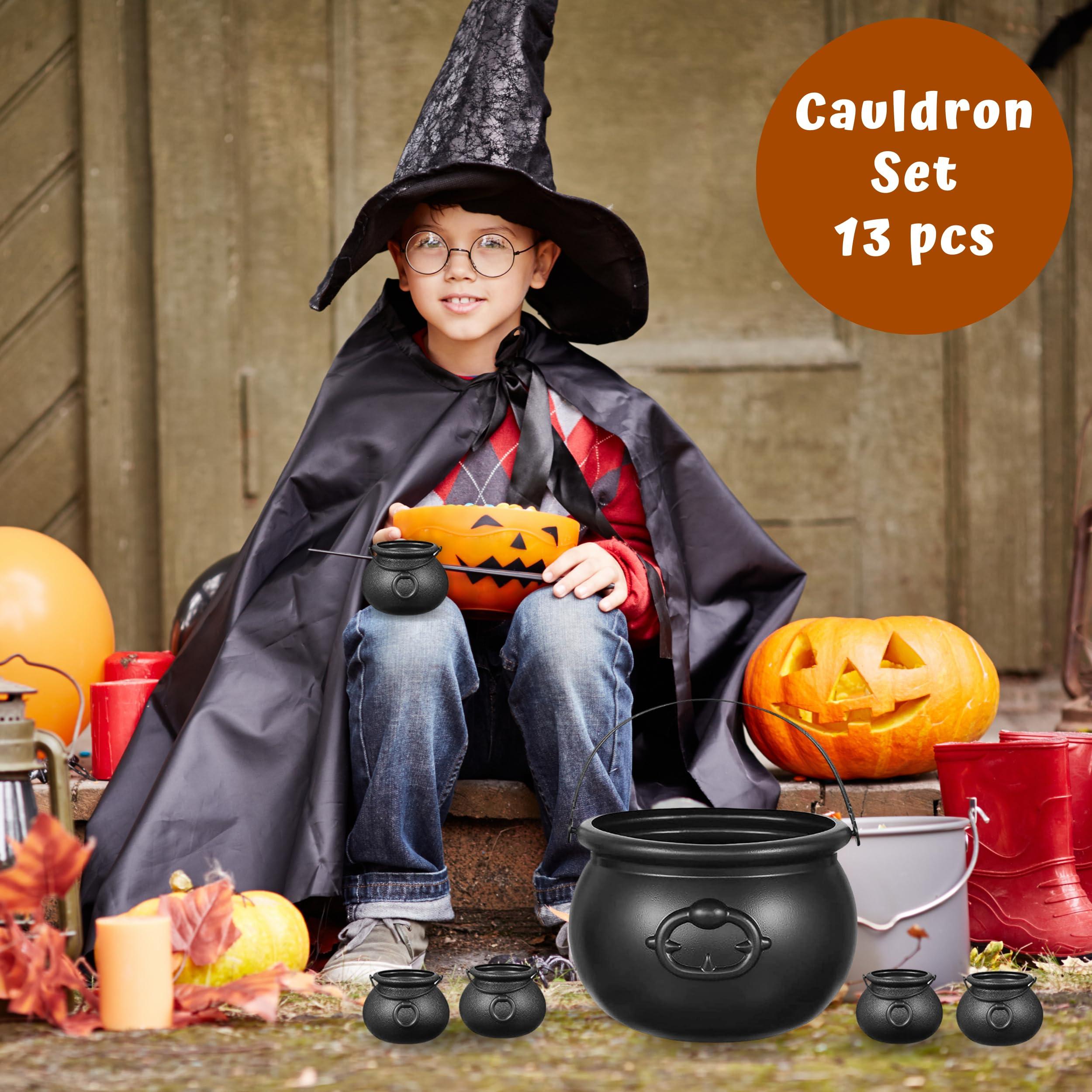 4E\'s Novelty 4E\'s Novelty Black Plastic Cauldrons Bulk - 12 Mini & 1 Large 7.4\" Perfect Halloween Black Cauldron, Cauldron Halloween Candy Bucket, Halloween Mini Cauldron, Trick or Treat Halloween Cauldron Bucket