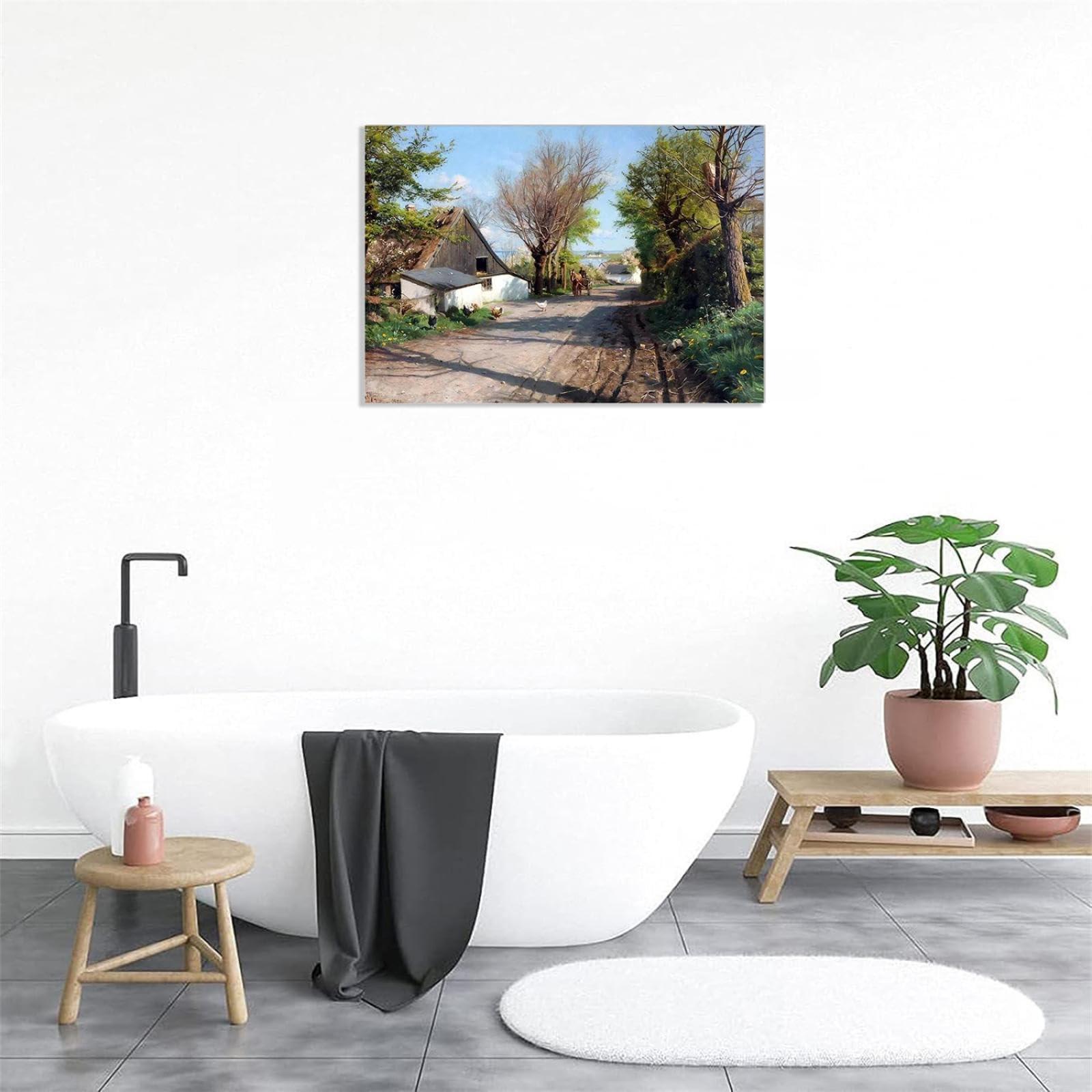 MOBYAT MOBYAT Peder Mork Monsted Village life, an early spring day with a view of Roskilde Fjord 1921" Canvas Oil Painting Decoration 60x40cm(24x16in) internal frame