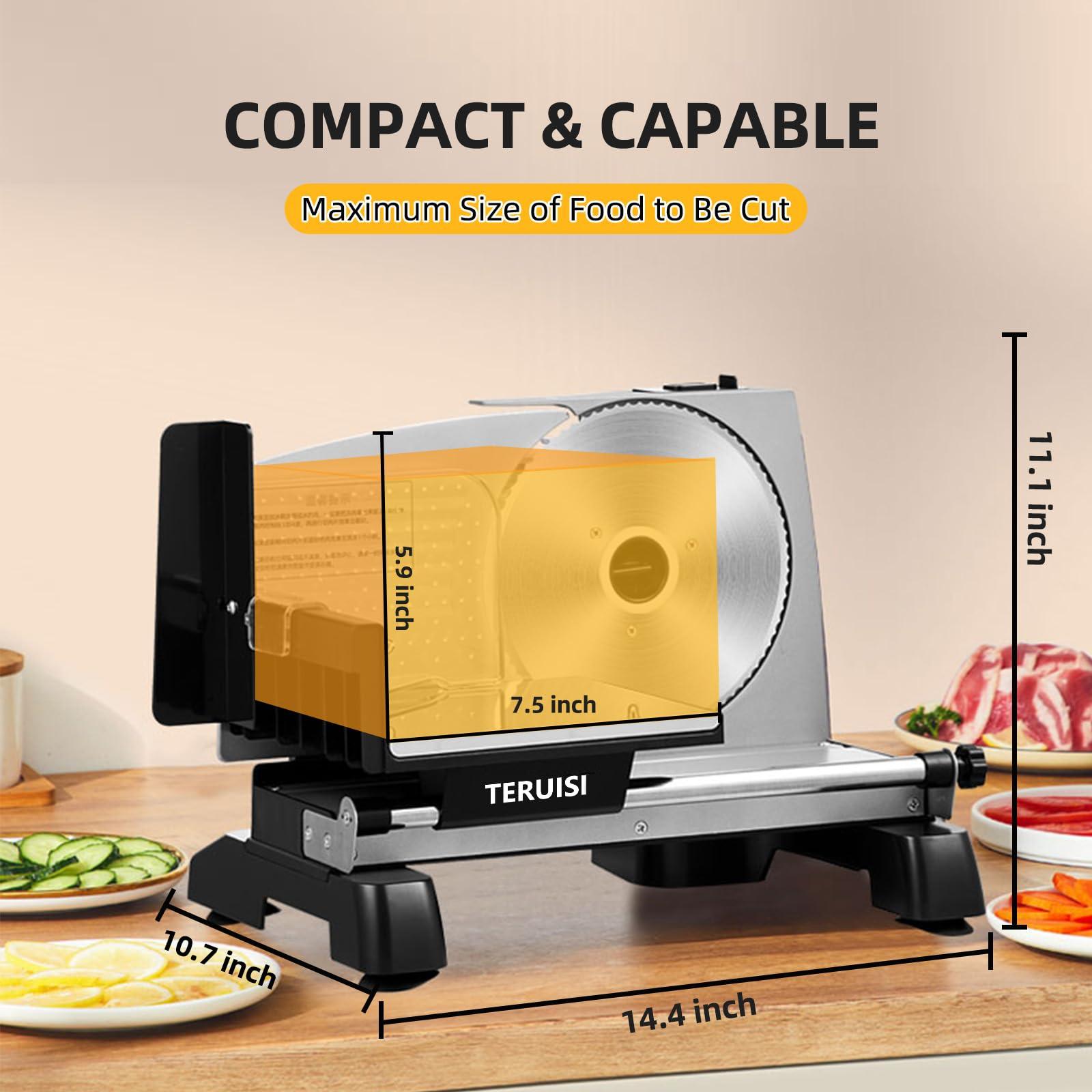 TERUISI TERUISI Electric Meat Slicer, 200W 110V Food Slicer with 2 Stainless Steel 7.5\" Blades, 0-18mm Adjustable Thickness, Meat Cutter Machine with Food Tray, Towel for Home Use, Meat, Fruit, Bread, Cheese