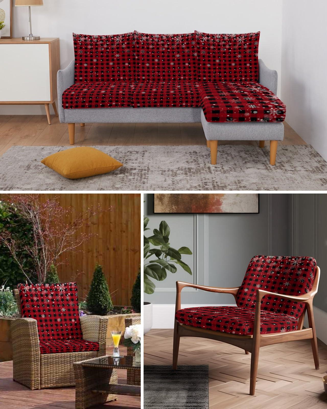AMZRicher Buffalo Plaid Sofa Couch Cushion Covers Washable, Red Black Christmas Winter Snowflake Removable Stretchable Sectional Couch Covers Slipcovers for L & T Shape Sofa Furniture Protector M Size 1 pc