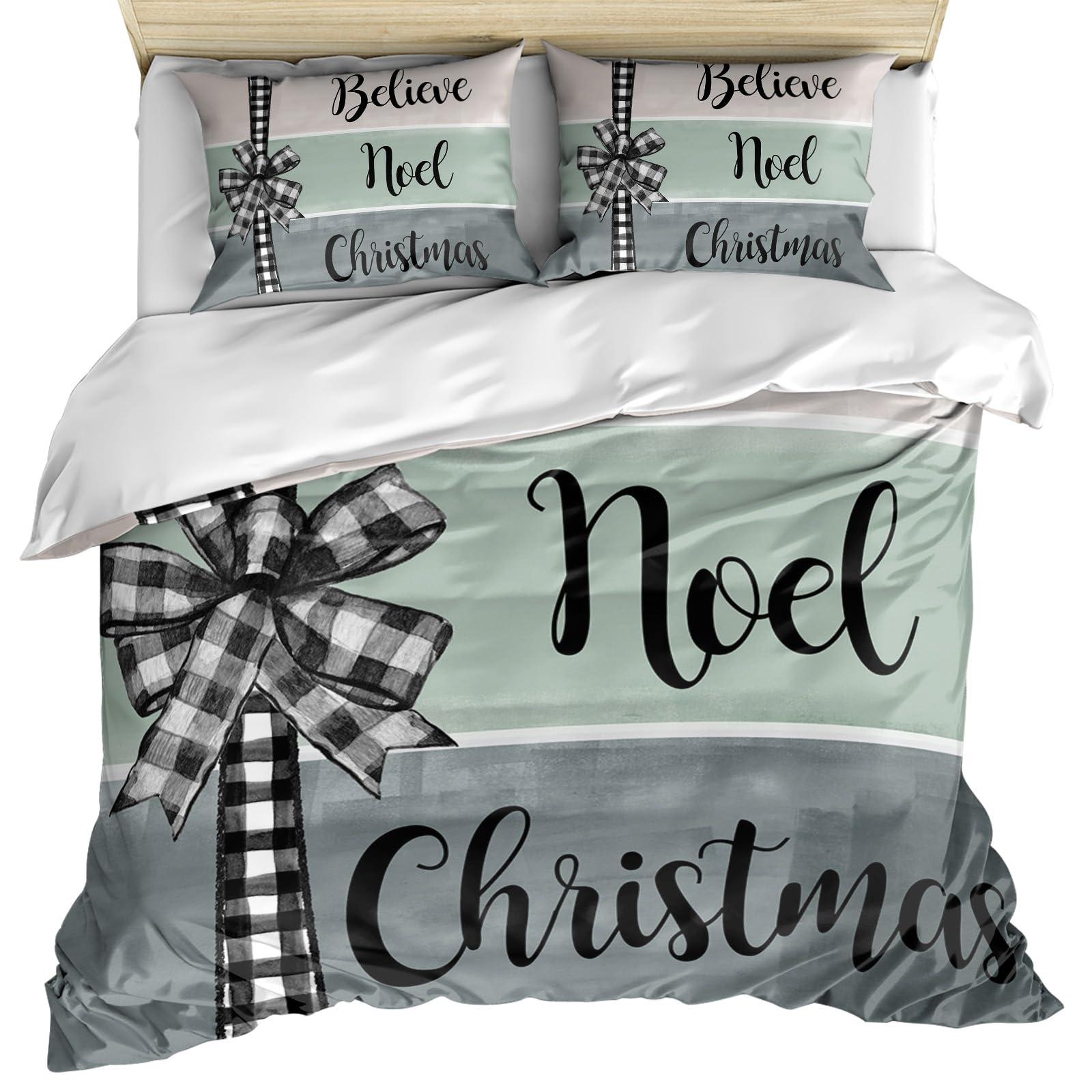 Debedcor Christmas Duvet Cover Cal. King Size, Beige Teal Grey Oil Painting Xmas Bow Knot Comforter Cover with Zipper Closure, 3 Piece Bedding Sets 1 Duvet Cover 90x106 Inches and 2 Pillow Shams