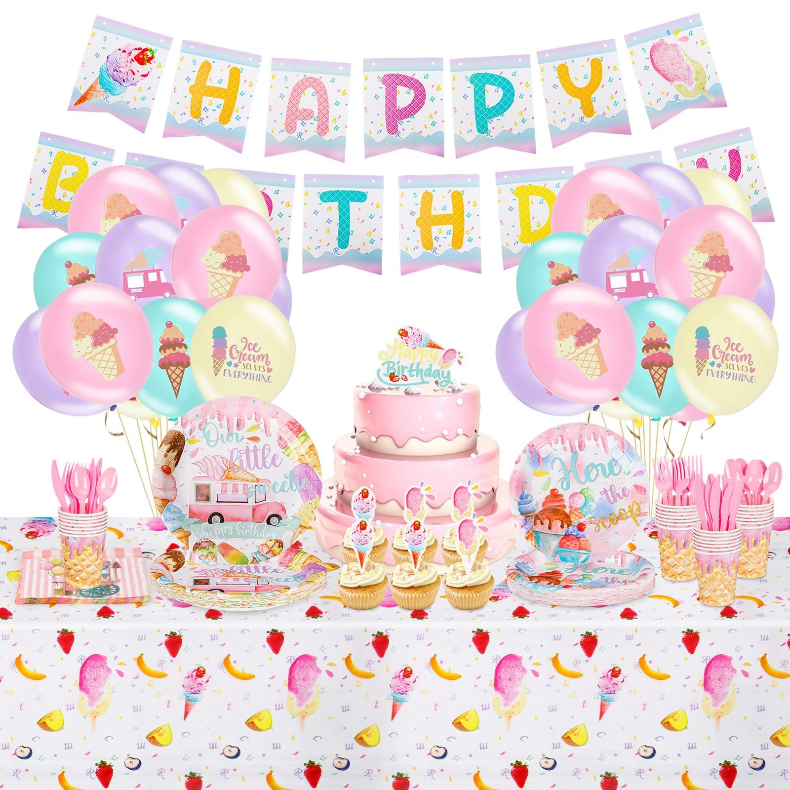Qonmpcvu Qonmpcvu 183 PCS Ice Cream Party Decorations, Ice Cream Birthday Party Supplies, Ice Cream Party Supplies Set, Ice Cream Backdrop Tablecloth With Vibrant Paper Plates, Napkins, Cups Serve 20 Guests