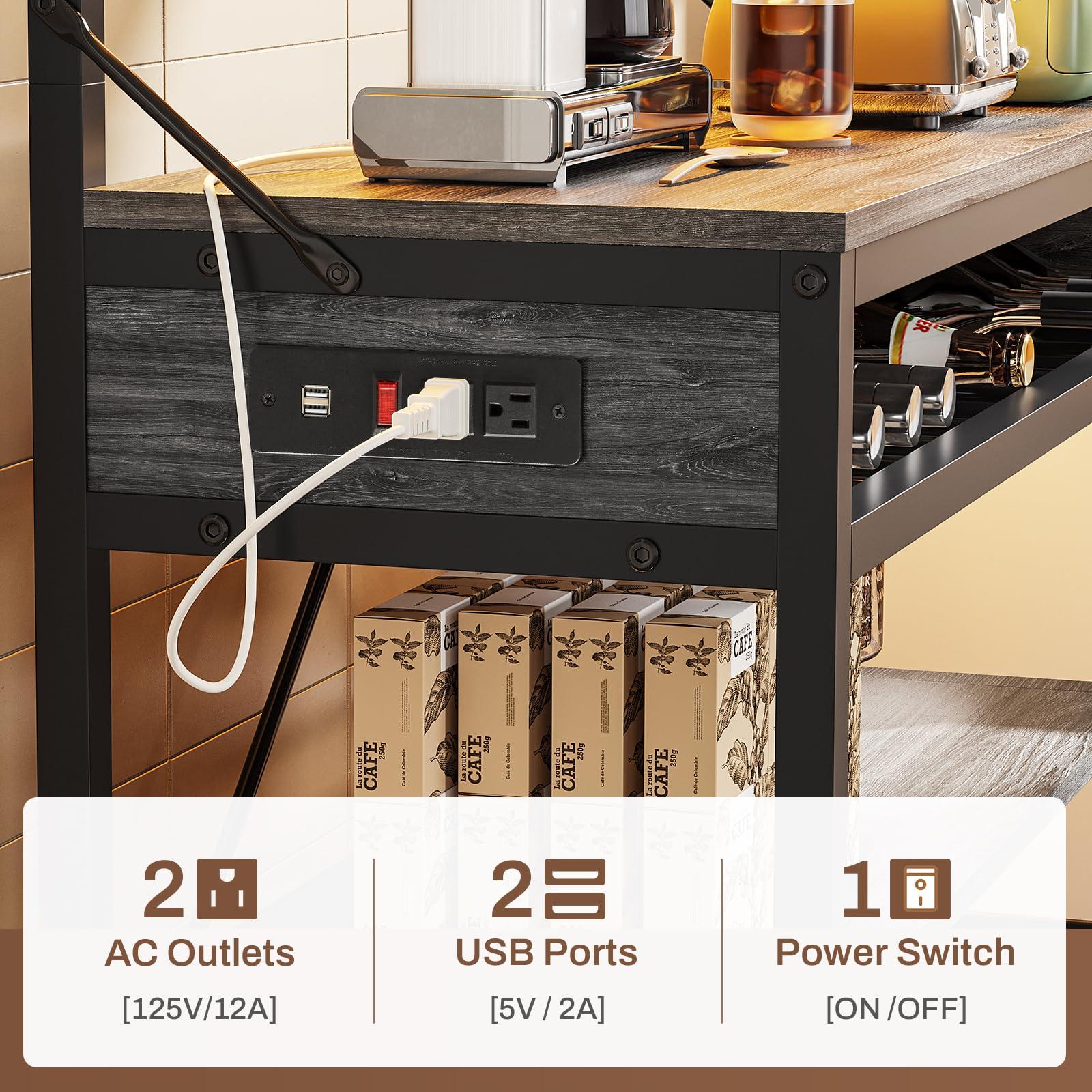 Itaar Itaar Bakers Rack with Power Outlet, 6-Tier Coffee Bar, Microwave Stand with Wine Rack, LED Lights and 10 Hooks, Bakers Racks for Kitchens with Storage, Grey