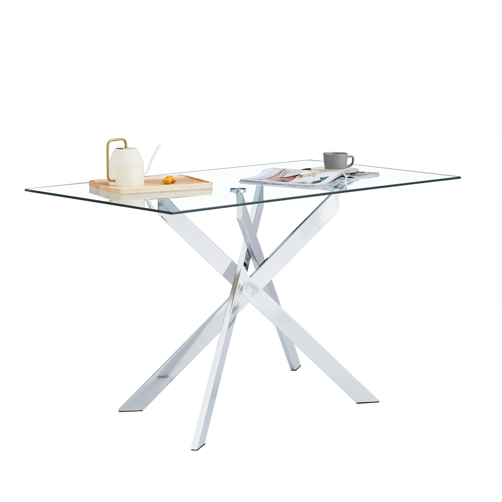 Goujxcy Rectangular Glass Dining Table, Tempered Glass Tabletop and Metal Legs, Modern Style Glass Kitchen Table for Home, Kitchen, Dining Room (Silver, 52\'\')