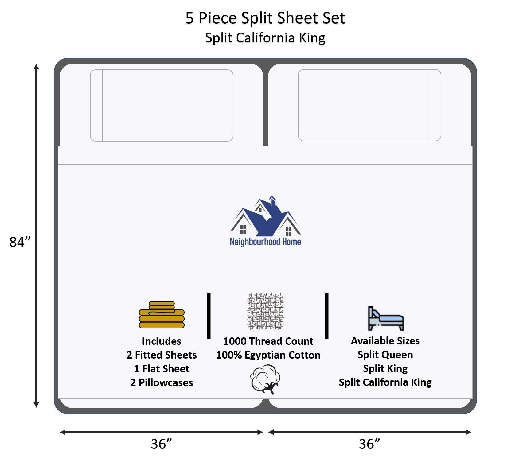 Neighbourhood Home Split California King Egyptian Cotton Sheets Sets for Adjustable Bed 28-Inches Extra Deep Pocket- 1000-Thread-Count, 100% Egyptian Cotton 5-PC Sheet Set Soft Breathable Sateen Weave - White