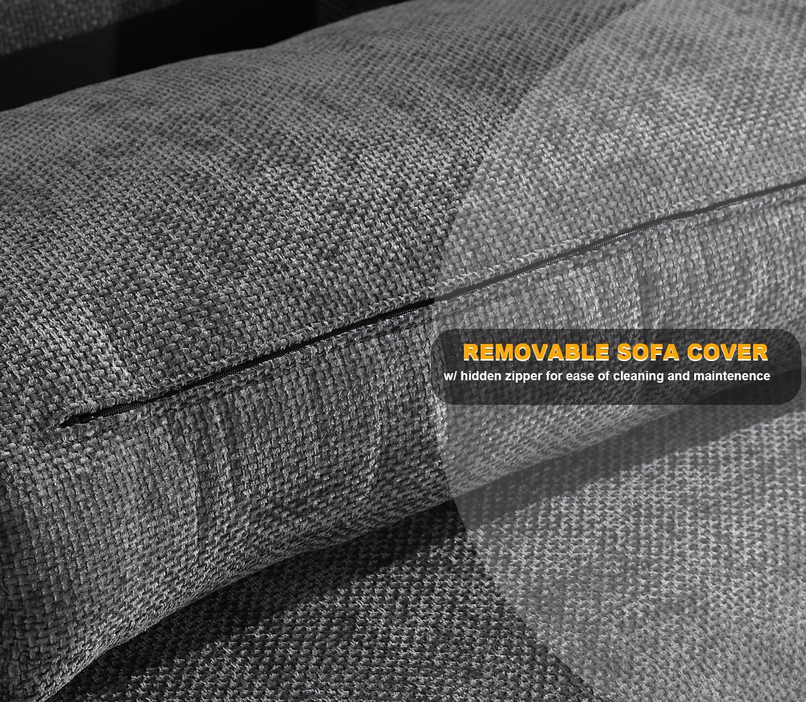 Flesser Deep Sectional Sofa 3 Seater Cloud Couch with Ottoman, 132" Modular Couch with Deep Seat, Oversized Chenille Big Sofa for Living Room, Apartment, with Pillows(Dark Grey)