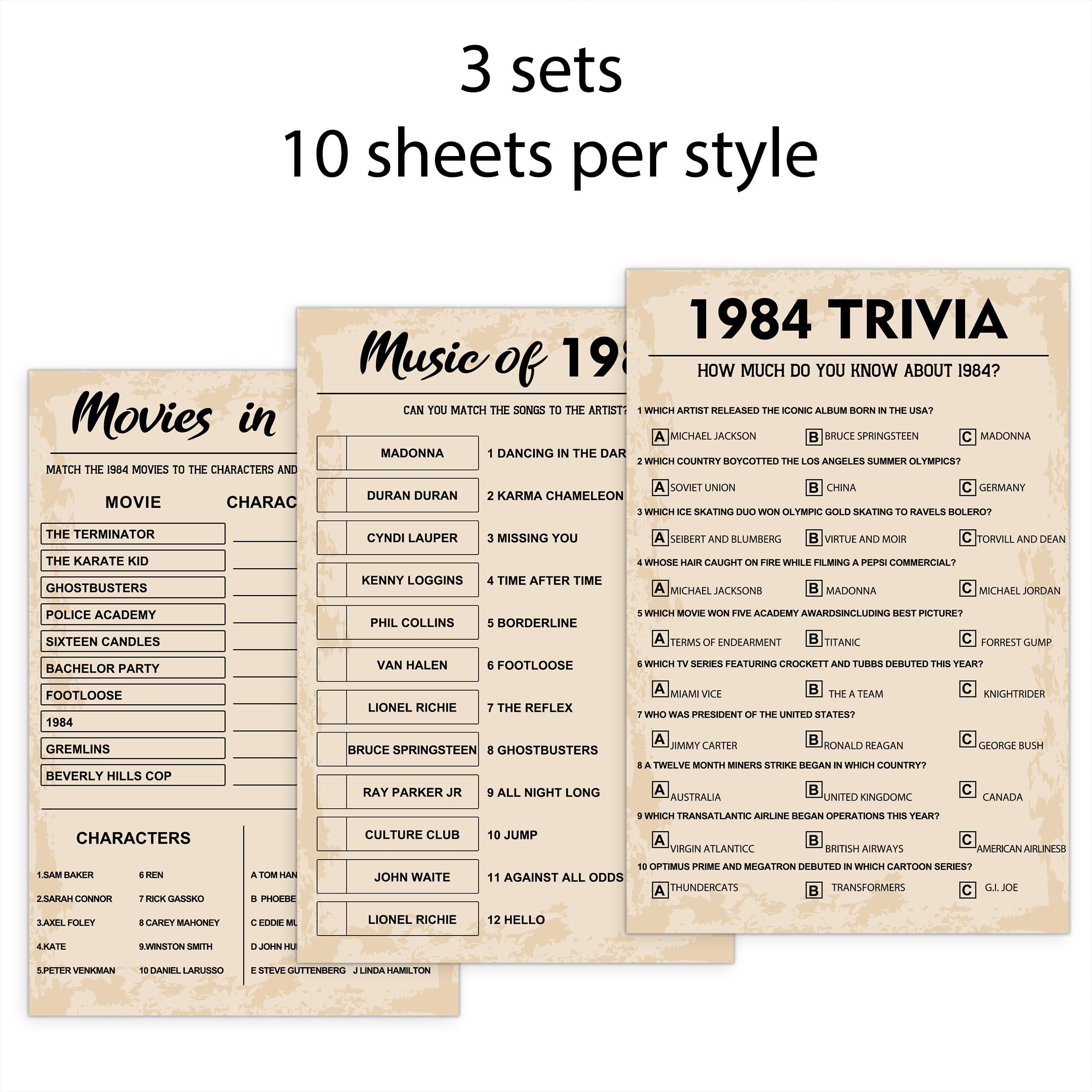 QUPT 40th Birthday Party Games, Set of 3 Activities for 10 Guests, Born in 1984 Games Bundle, Birthday Party Supplies for Adults, Pack of 30 Cards