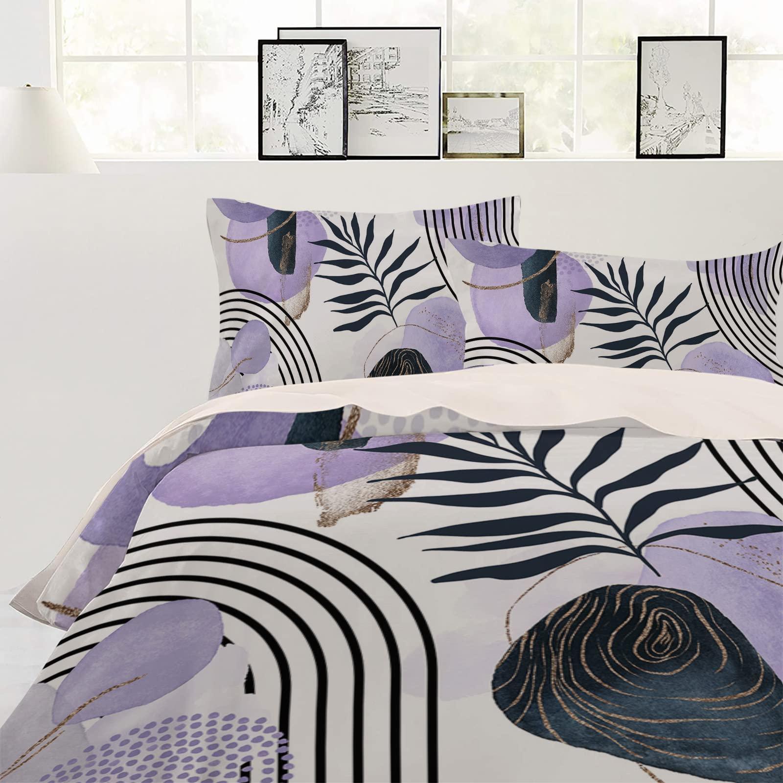 Debedcor Boho Tropical Leaves Duvet Cover Queen Size, Romantic Purple Abstract Art Neutral Comforter Cover with Zipper Closure, 3 Piece Bedding Sets 1 Duvet Cover 90x92 Inch and 2 Pillow Shams