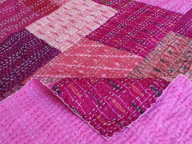 Foziya Qureshi Bohemian Patchwork Kantha Quilt, Boho King Size Bedding Throw Blanket, Patola Silk Patch Work Kantha Quilt, Handmade Kantha Bedcover (Purple, 108"x 108" Inch)