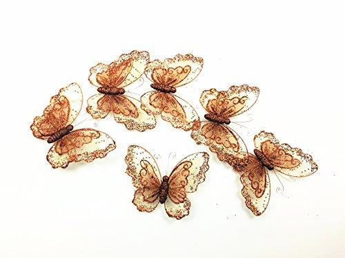 Cutie Collections Christmas Holiday Dcor Glitter Metallic Double Layer Butterfly Clip Copper Color 6 pcs Set(5\")