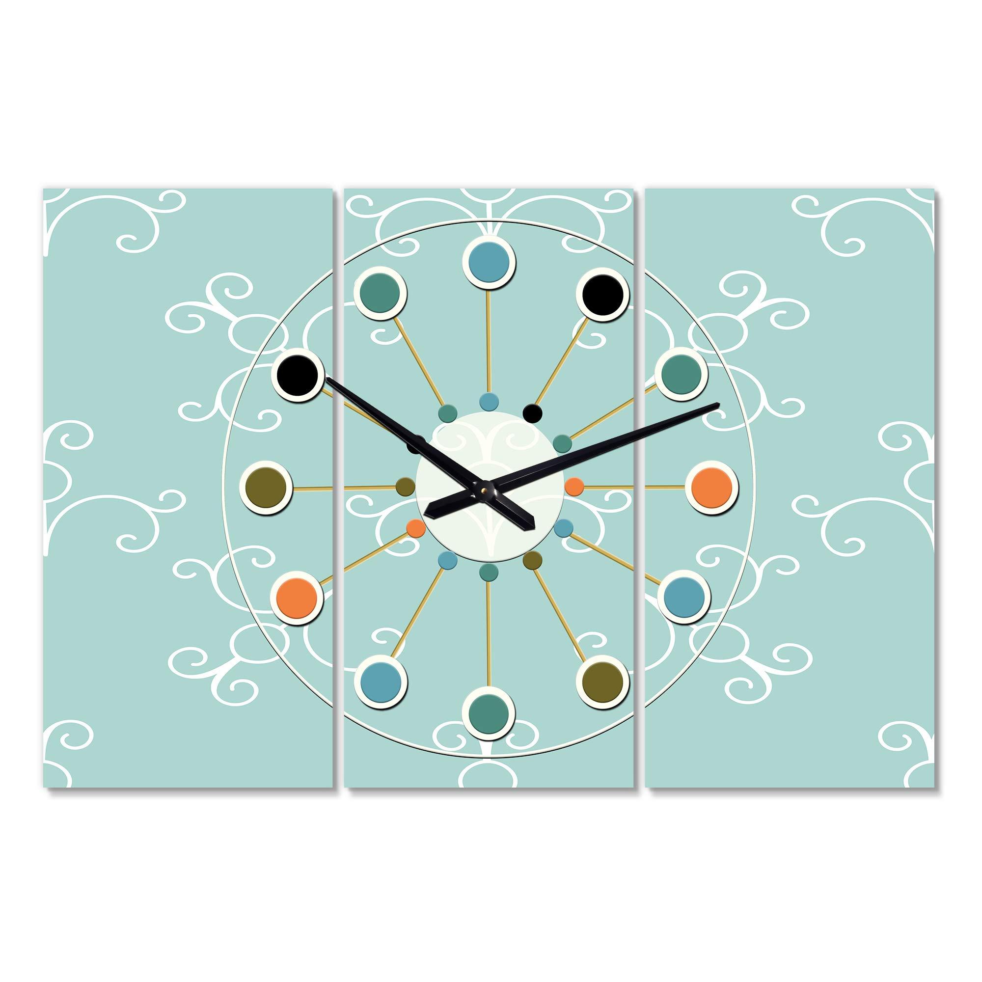 DesignQ DesignQ Mid-Century Modern Wall Clock 'Turquoise Minimal Ornament' Blue Round Wall Clock for Living Room Decor