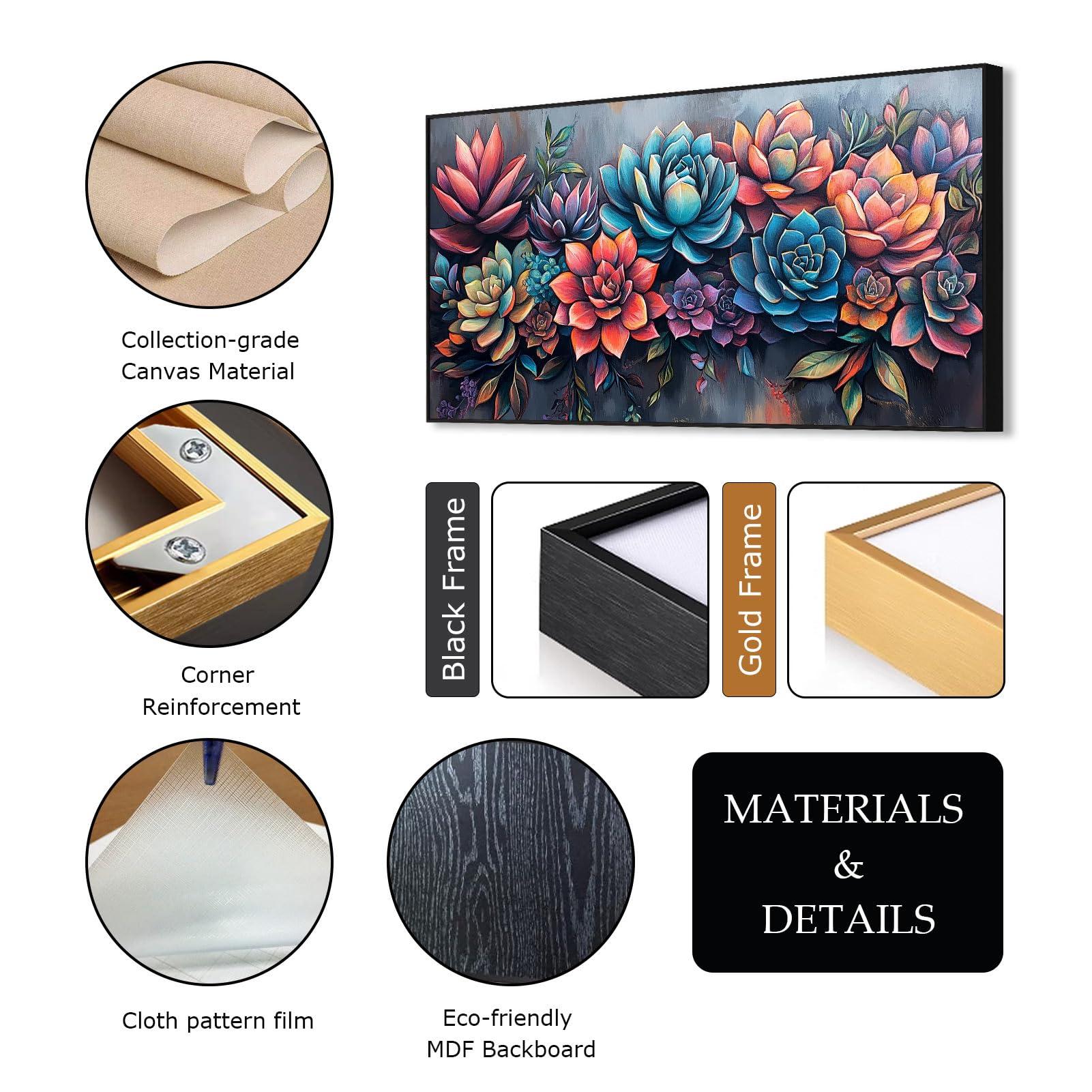 Gueeclk Succulent Canvas Wall Art, Abstract Succulent Canvas Print, Wall Succulent Decor, Plant Pictures Wall Art, Tropical Botanical Prints, Succulent Poster, Home Living Room Wall Decor (Gold Framed, 71\"x35\" | 180x90cm)