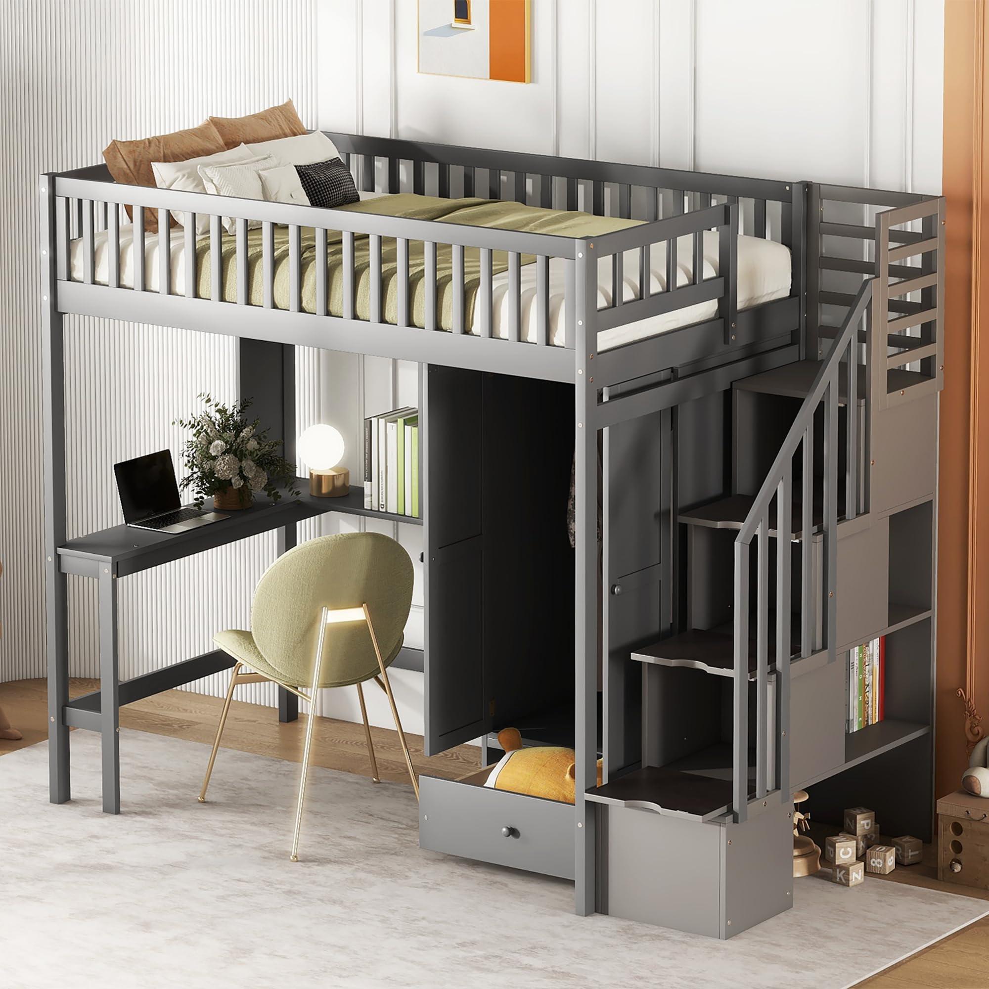 NicBex NicBex Loft Bed with Desk Loft Bed with Desk and Storage Queen Bed Frame with Storage Bunk Bed with Desk Underneath The Lower Level is a Wardrobe Suitable for Families with Many Children, Gray