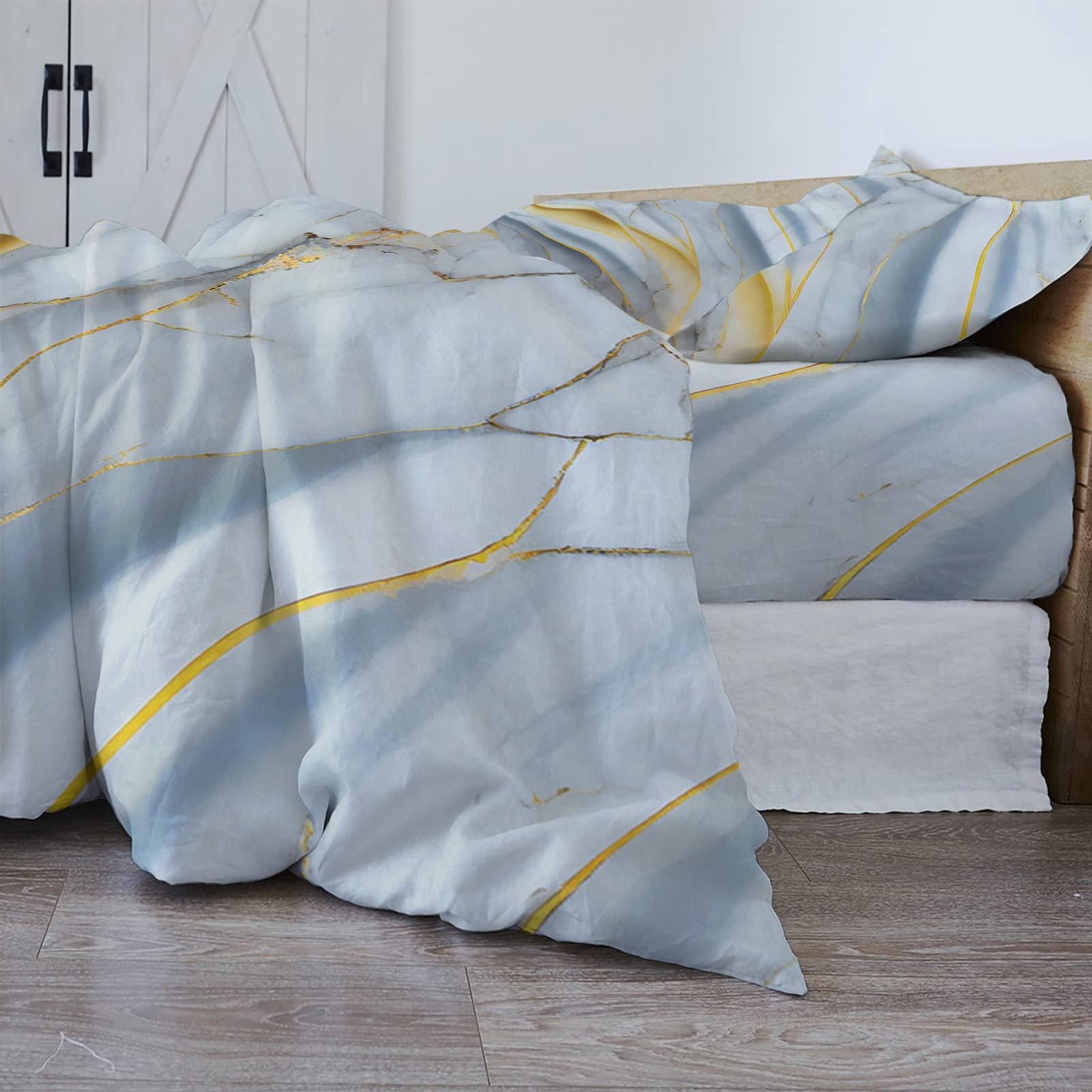 Debedcor Cal. King Comforter Covers Sets Grey Yellow Marble 4 Piece Duvet Cover Set Lightweight Microfiber Soft Bedding Set for Adult Teen, Modern Luxury Ink Texture Abstract Art