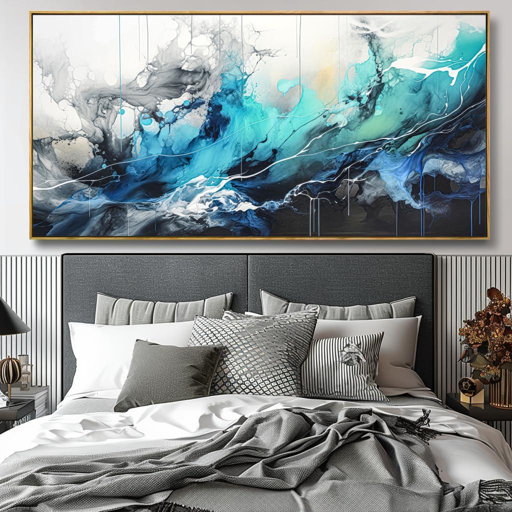 liysawg Wall Art Abstract Canvas Painting Teal Blue Modern Artwork for Living Room Bedroom Dining Room Home Office Decor 30\"x60\" with Framed