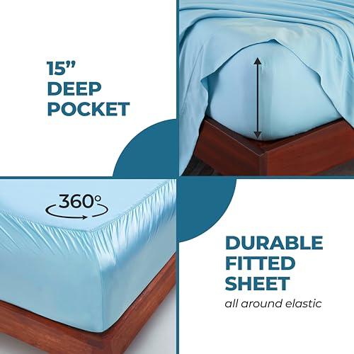 BLUENILEMILLS BNM Modal from Beechwood Sheet Set, Deep Pocket, Soft Lightweight Bedding, Cooling Bedsheets, Basics, Dorm Essentials, Includes 1 Flat Sheet, 1 Fitted Sheet, 2 Pillowcases, California King, Light Blue