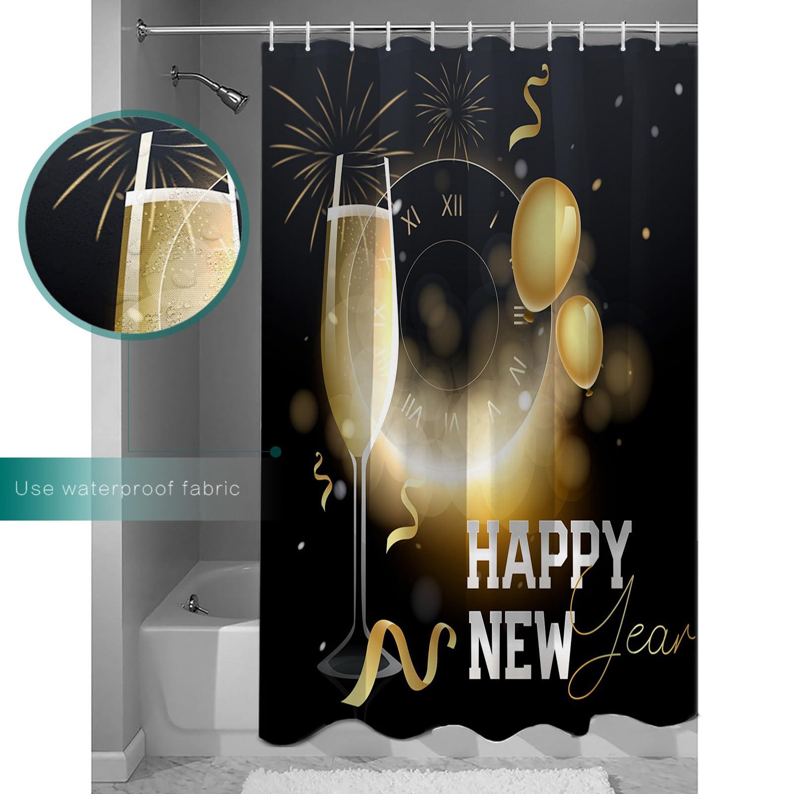 LIFEMUSION Happy New Year Shower Curtain Set - Extra Long 72\" x 96\" Washable Bathtub Curtain with 12 Hooks, Yellow Champagne Clock Balloon Ribbon Waterproof Fabric Stall Shower Curtains for Bathroom/Bathtub