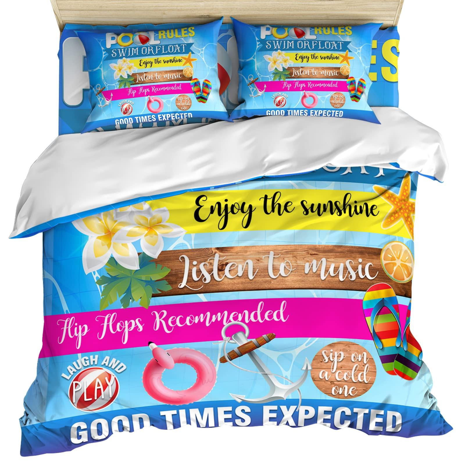 Gehucoxee Gehucoxee 4 Piece Bedding Set California King Summer Pool Rules Comforter Duvet Cover for Child Girls Boys, Good Times Expected Illustraction Bed Sheet for Bedroom Guest Room Hotel Pillowcase