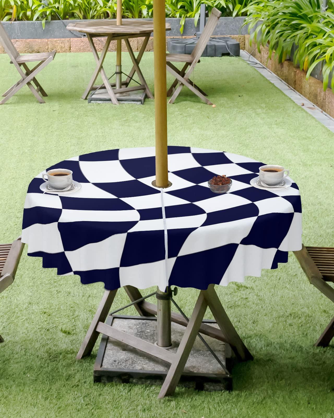 Boanket Boanket Outdoor Tablecloth with Umbrella Hole for Patio/Picnic/Party/Camping, Navy Blue White Checkered Waterproof Table Cloth Round Cover Washable, Modern Irregular Geometric (Dia 60\")