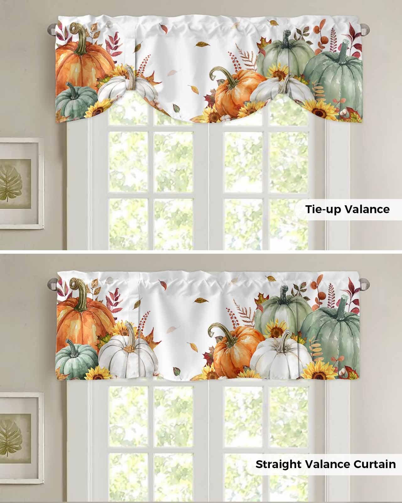 BOBOWUNY Sage Green Fall Tie Up Valances for Windows/Kitchen/Bathroom/Bedroom, Orange White Pumpkins Sunflower Thanksgiving Maple Adjustable Curtain Valance Balloon Window Shades Small Drapes Panel 54''x18''